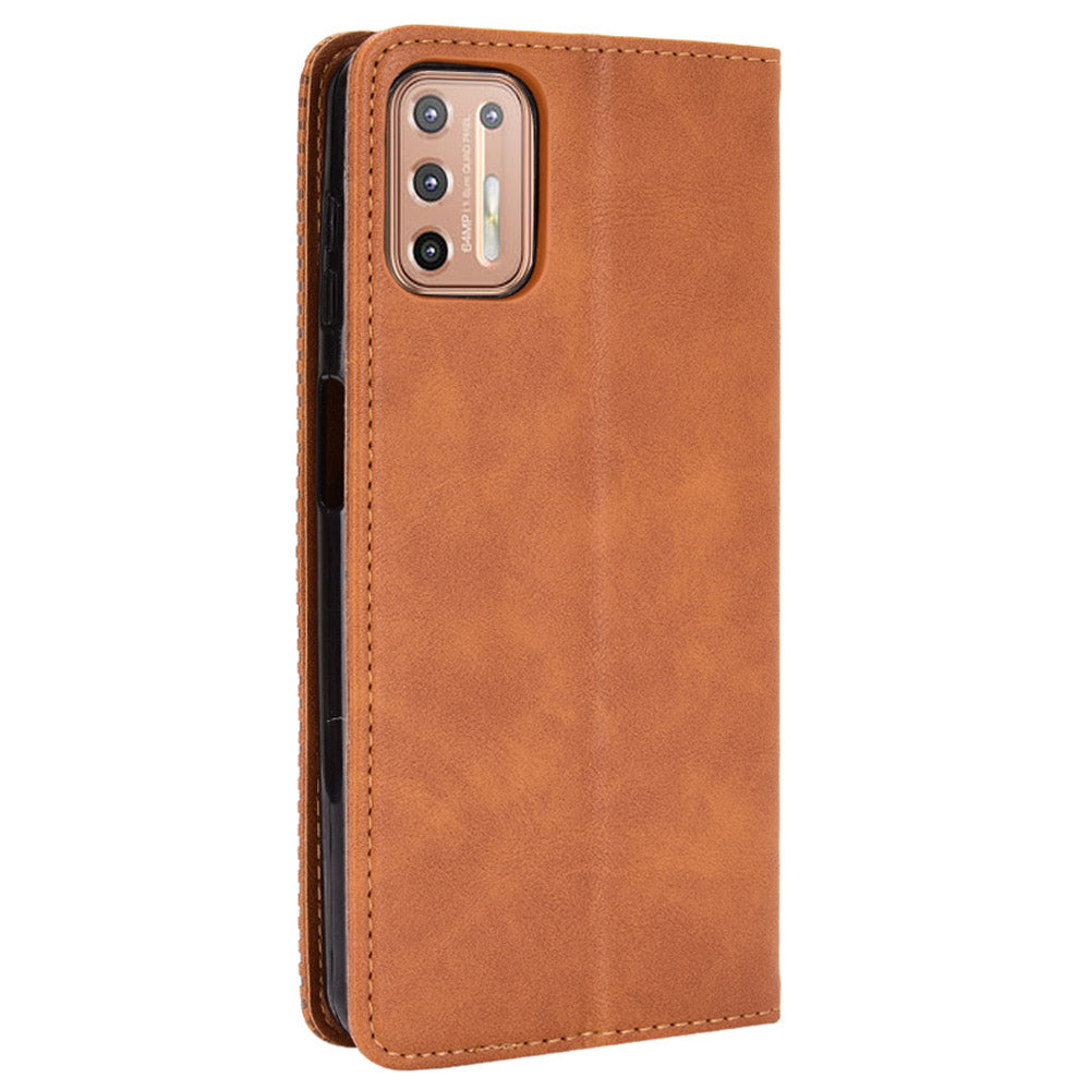 Magnetic Vintage Style Phone Protective Shell for Motorola Moto G9 Plus with Wallet Stand