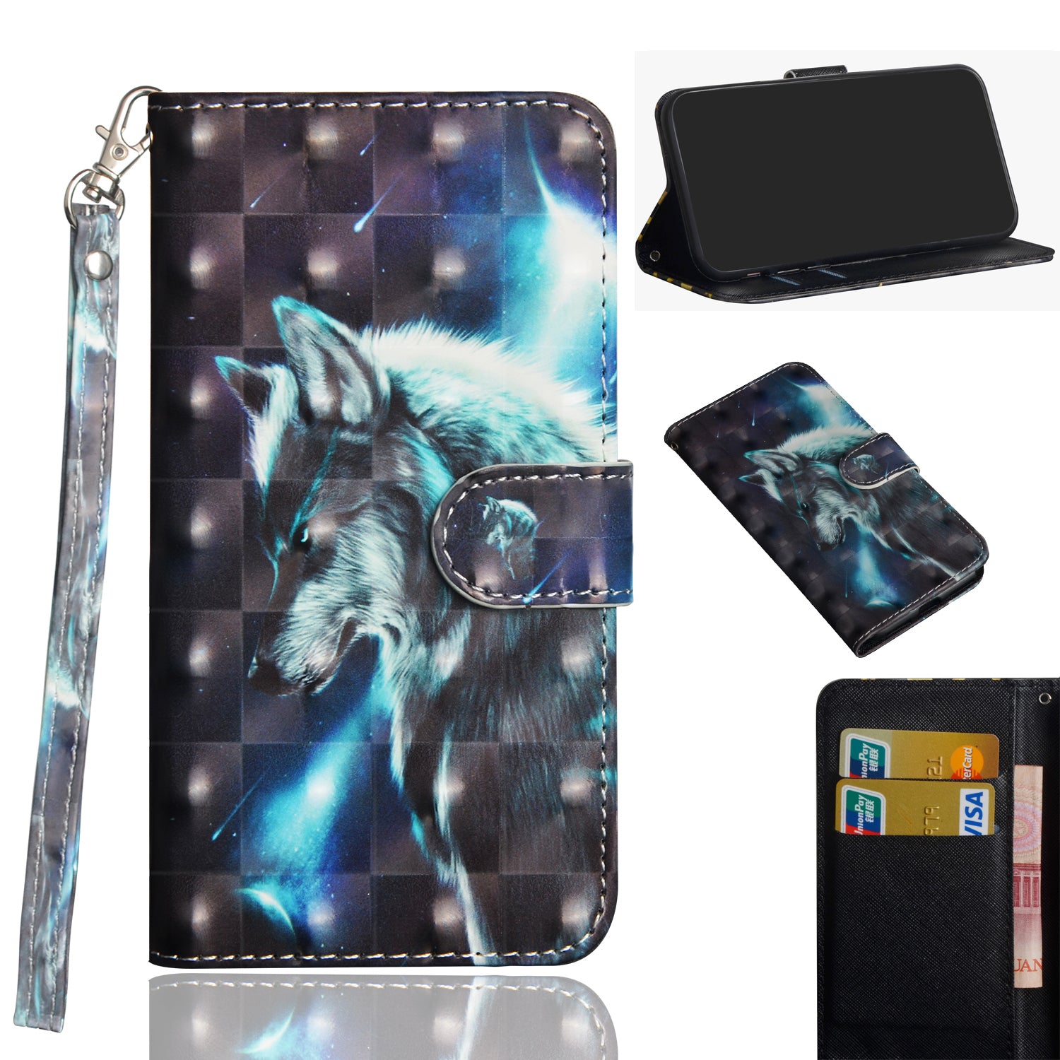 Light Spot Decor Pattern Printing Wallet Stand Leather Phone Casing with Strap for Motorola Moto G9 Plus