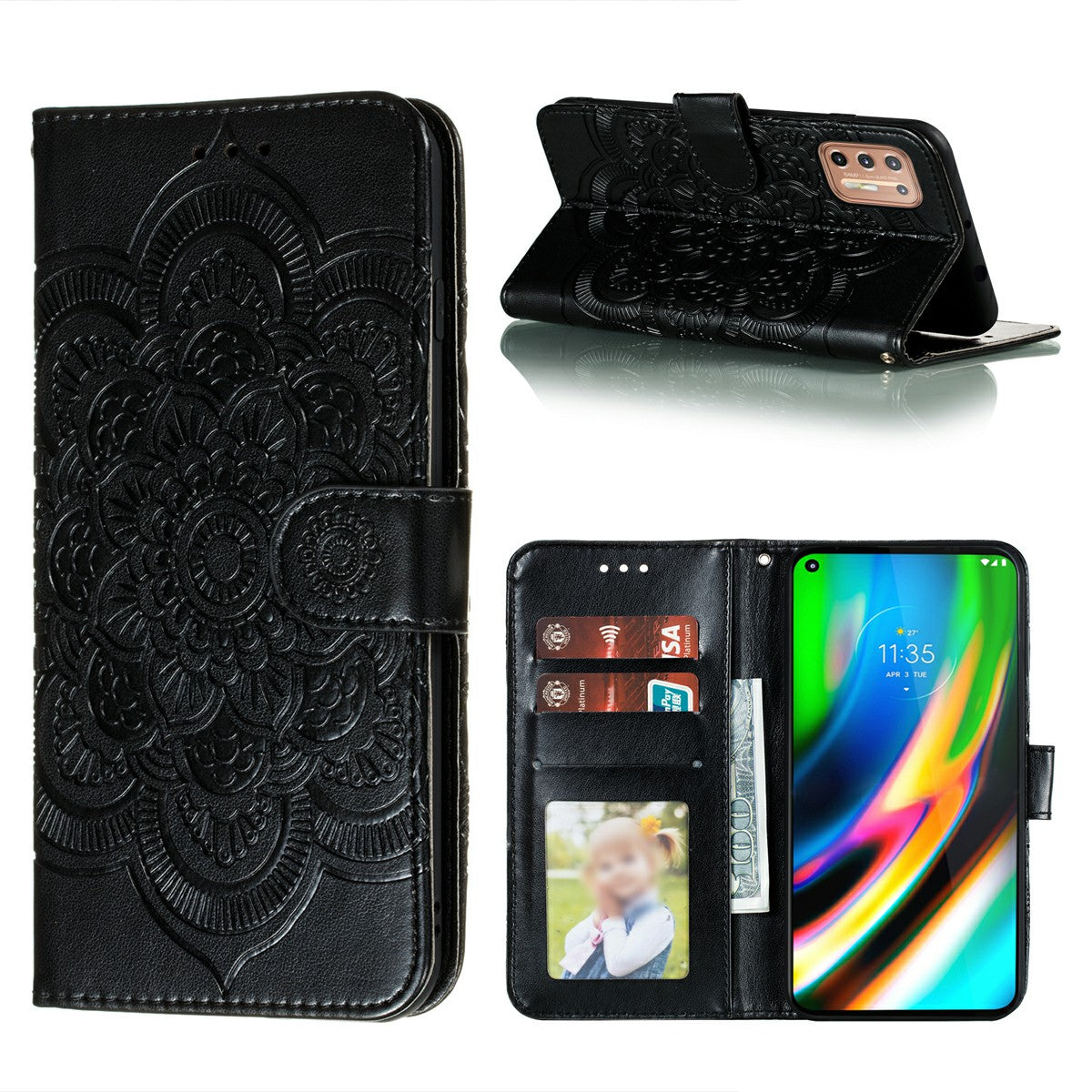 Imprint Mandala Flower Leather Protective Cover for Motorola Moto G9 Plus