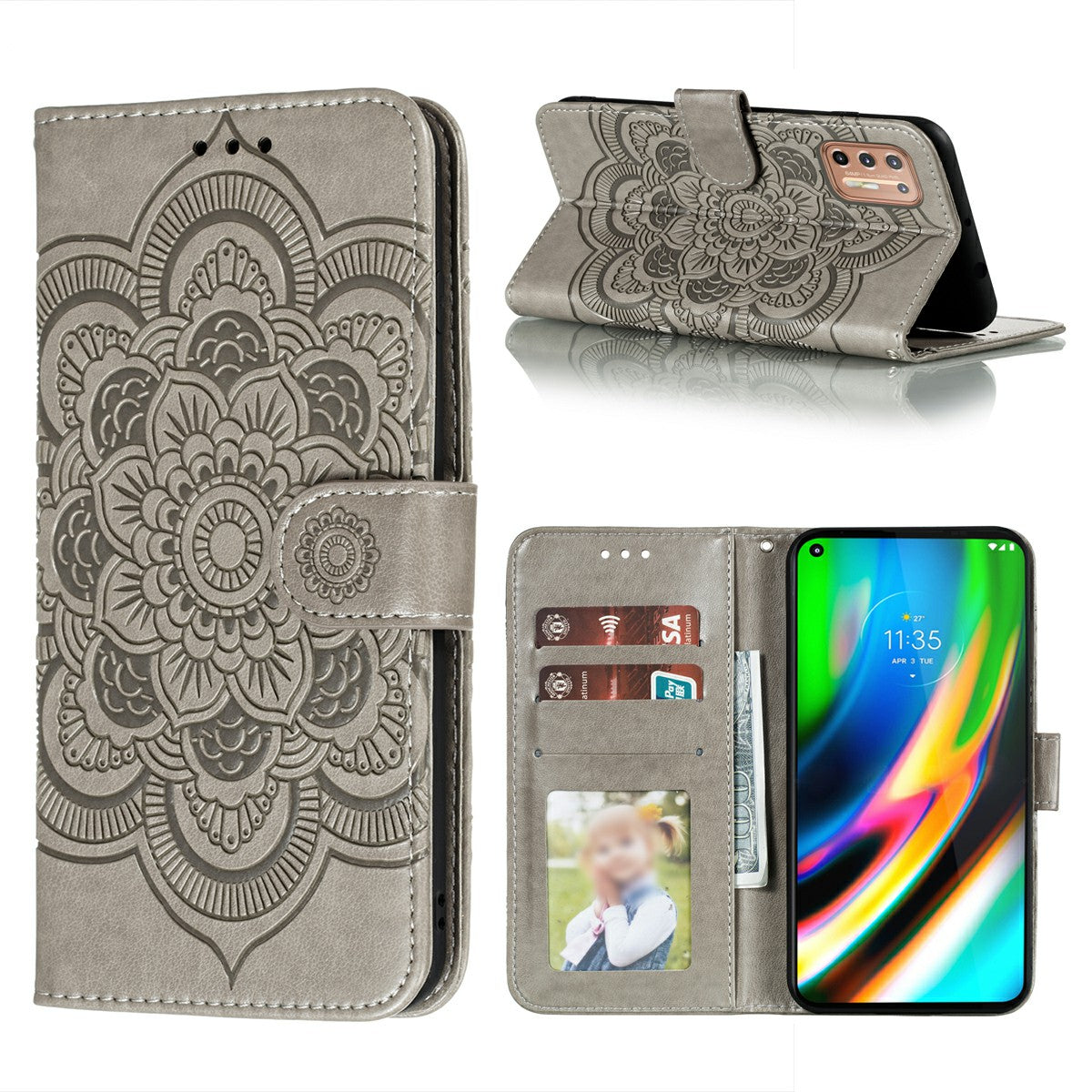 Imprint Mandala Flower Leather Protective Cover for Motorola Moto G9 Plus