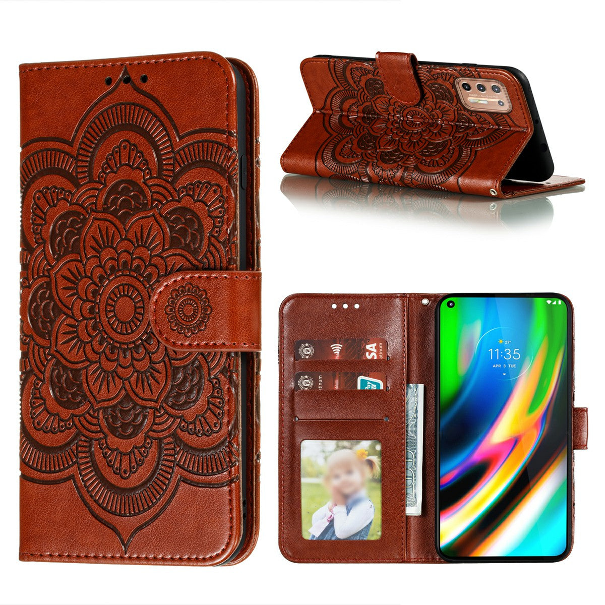 Imprint Mandala Flower Leather Protective Cover for Motorola Moto G9 Plus