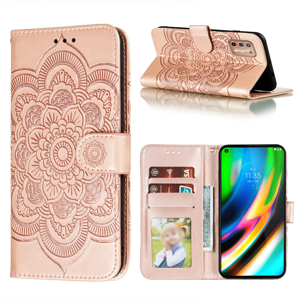 Imprint Mandala Flower Leather Protective Cover for Motorola Moto G9 Plus