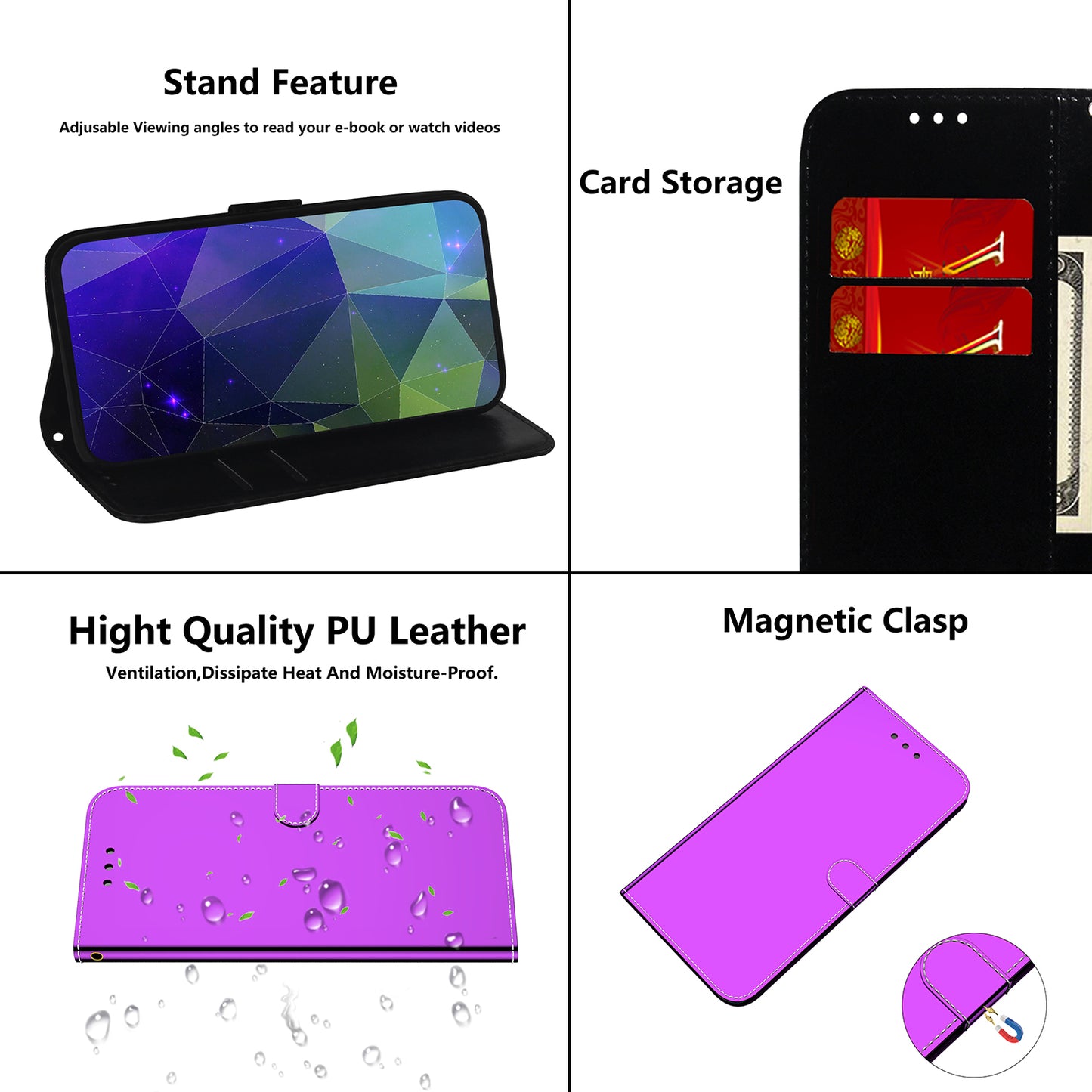 Mirror-like Surface Wallet Stand Leather Case for Motorola Moto G9 Play / Moto E7 Plus