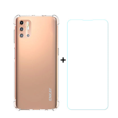 HAT-PRINCE ENKAY Shockproof Clear TPU Case Full Covering Tempered Glass Protector for Motorola Moto G9 Plus