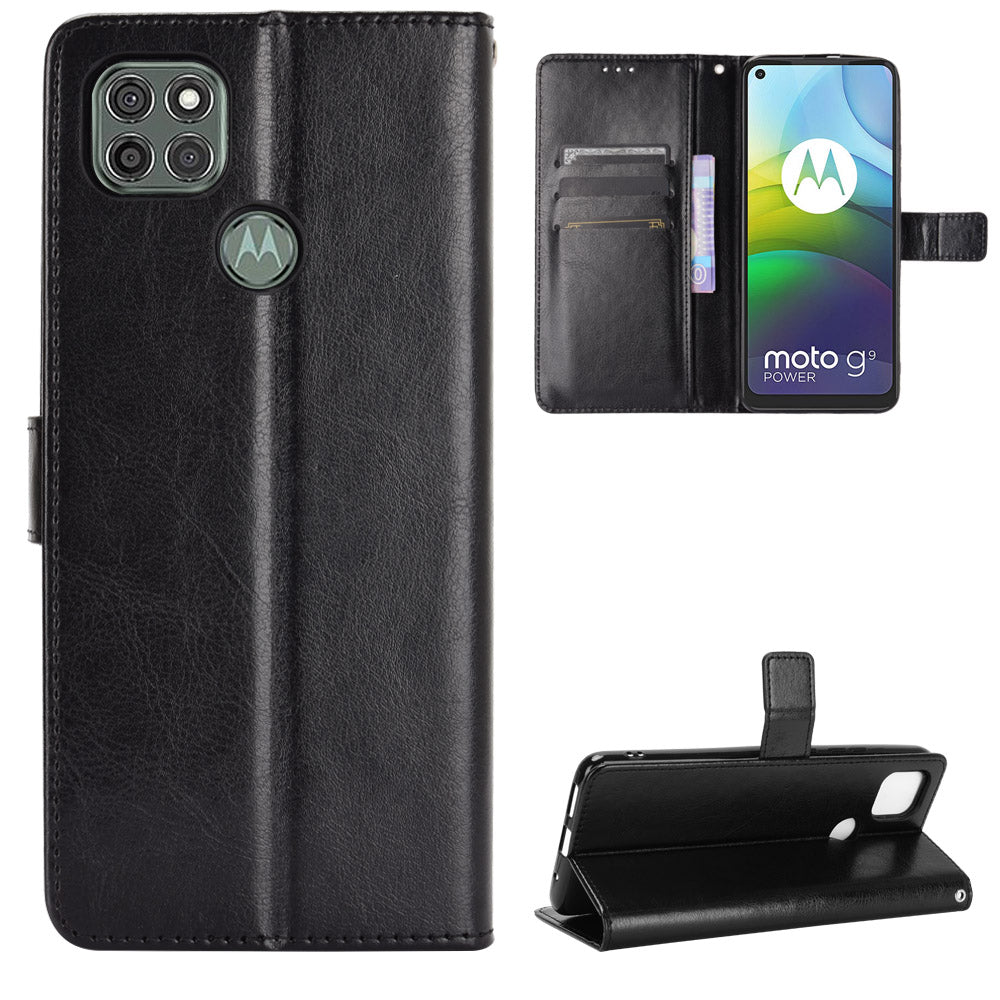 Crazy Horse Wallet Stand Leather Shell with Strap for Motorola Moto G9 Power