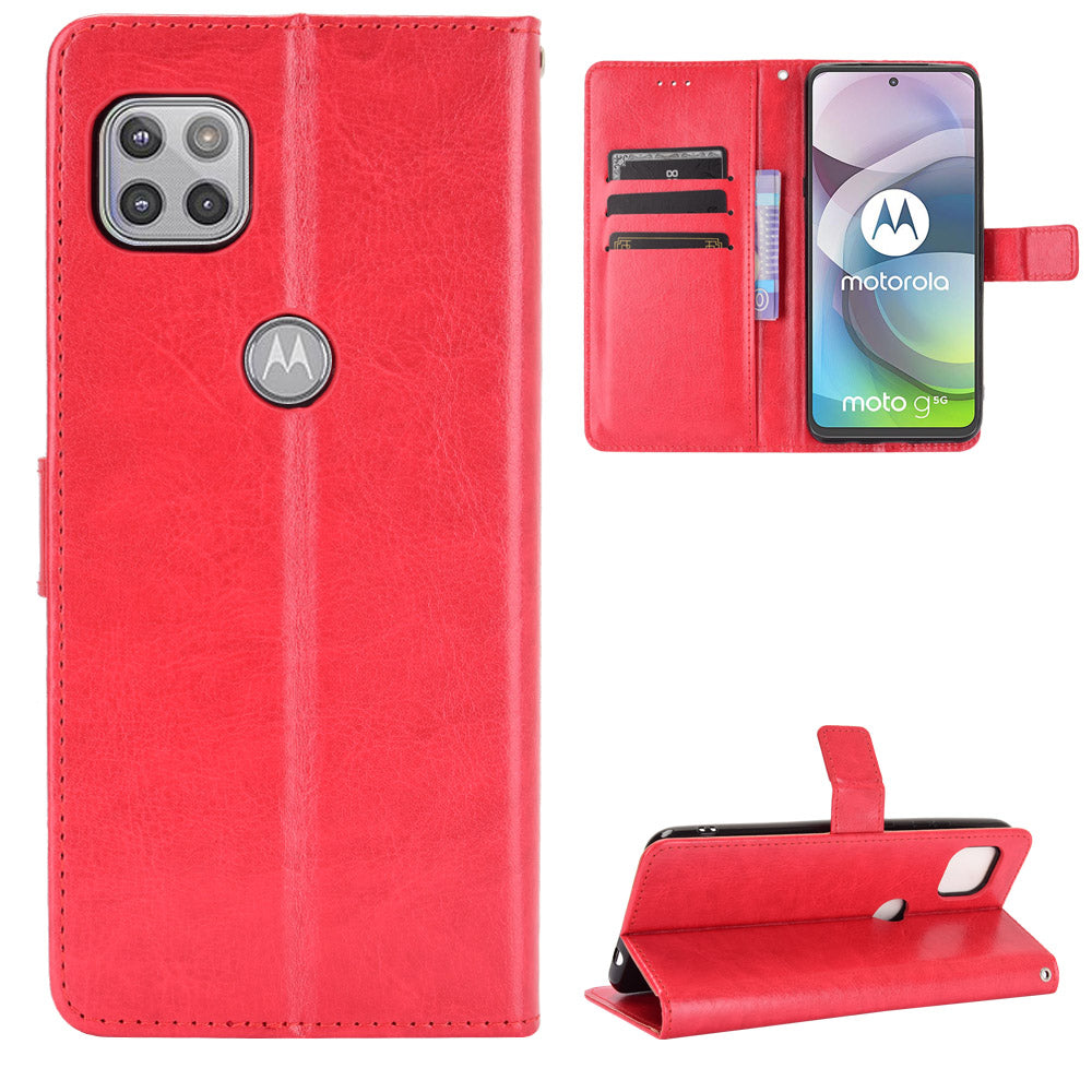 Crazy Horse Wallet Stand Leather Shell with Strap for Motorola Moto G 5G