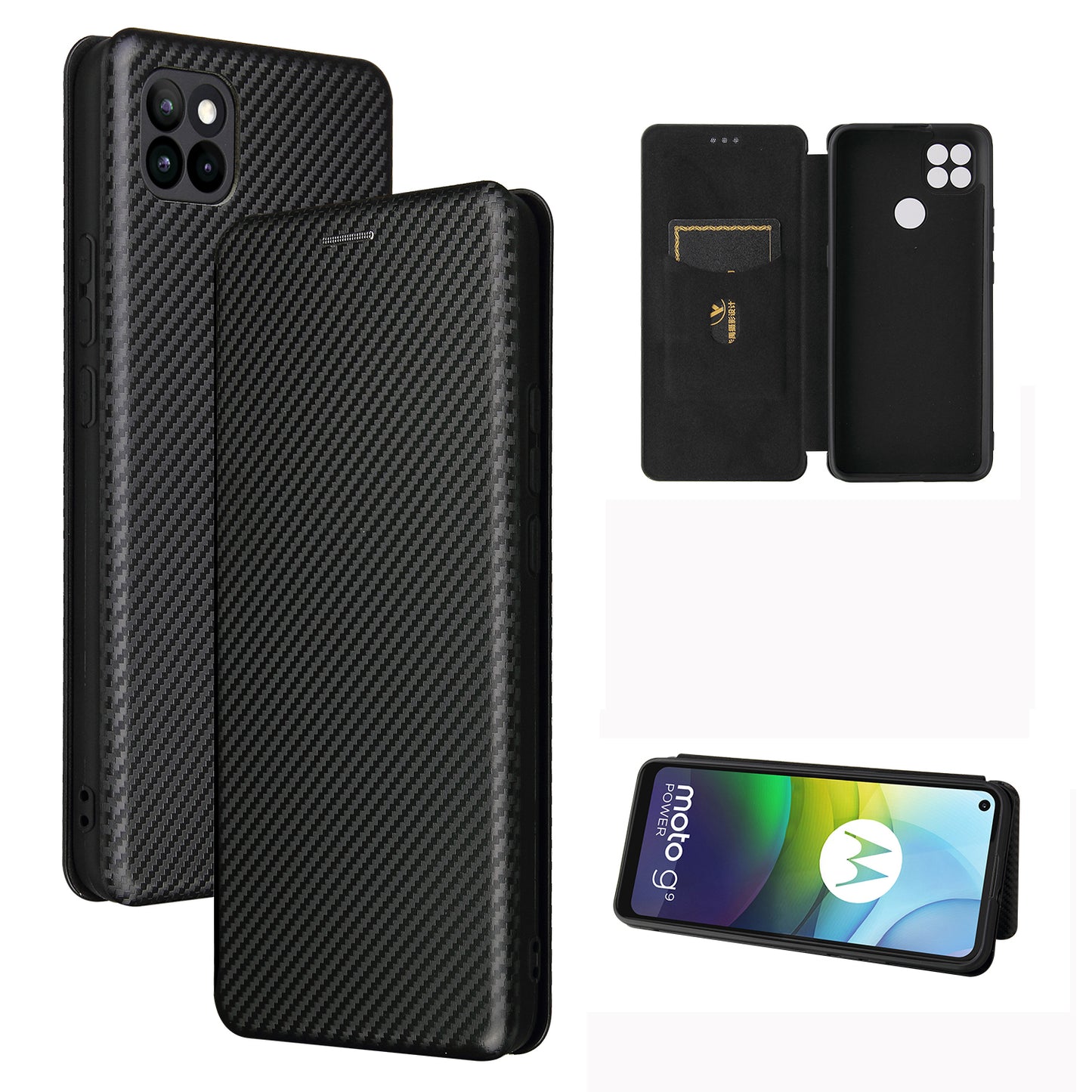 Auto-absorbed Carbon Fiber Leather Case with Card Holder for Motorola Moto G9 Power