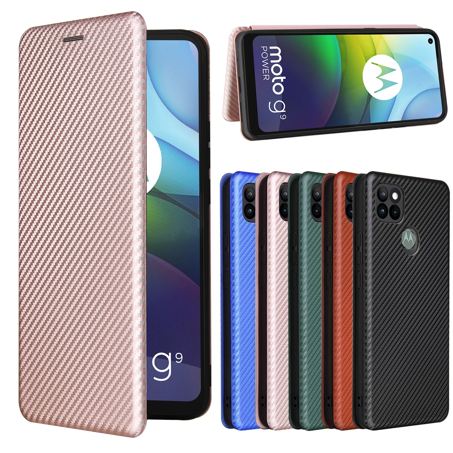 Auto-absorbed Carbon Fiber Leather Case with Card Holder for Motorola Moto G9 Power