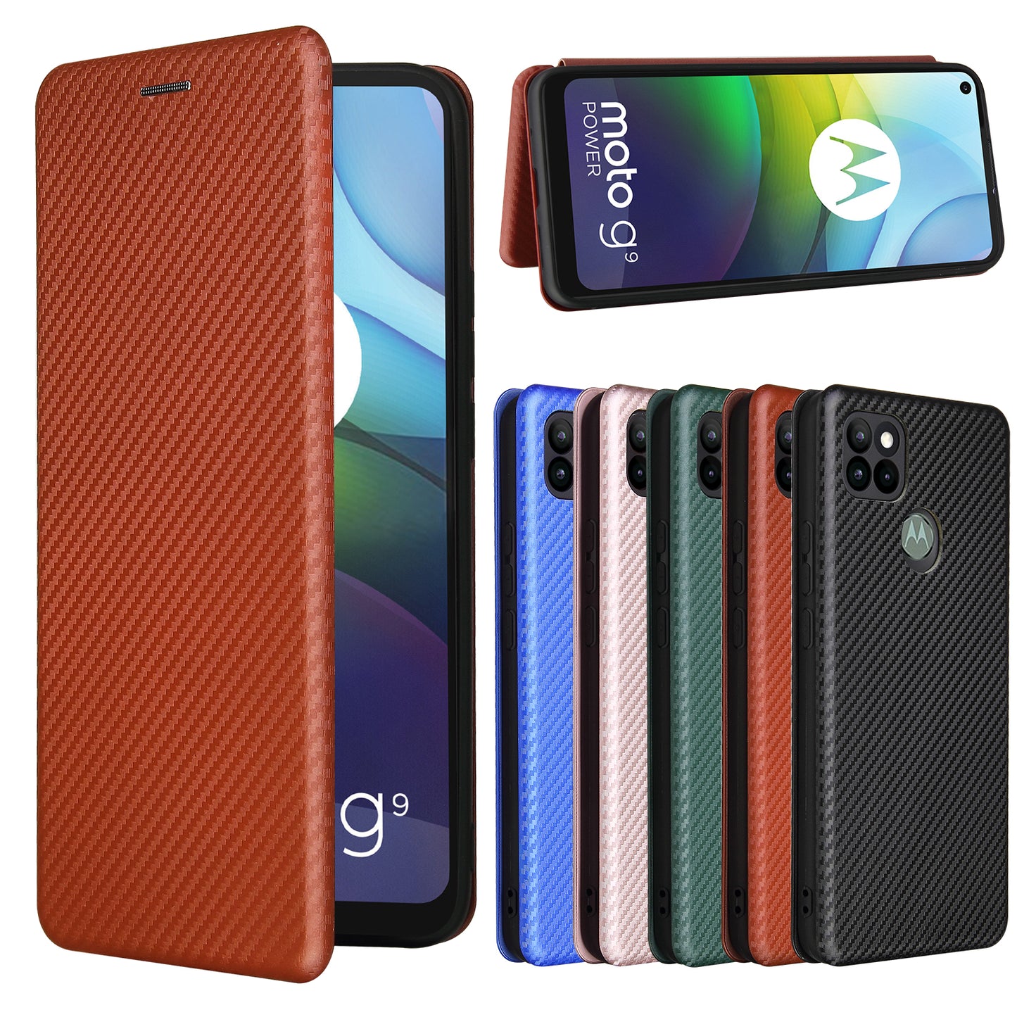 Auto-absorbed Carbon Fiber Leather Case with Card Holder for Motorola Moto G9 Power