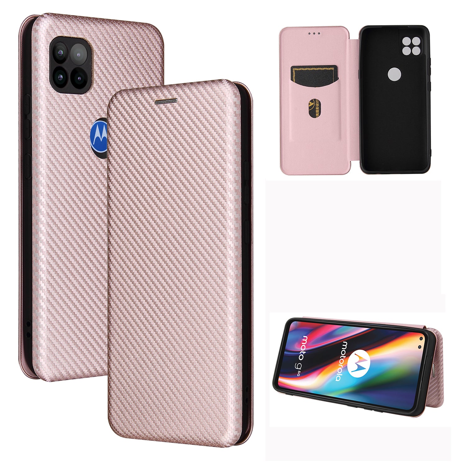 Auto-absorbed Carbon Fiber Leather Cover Case with Card Holder for Motorola Moto G 5G