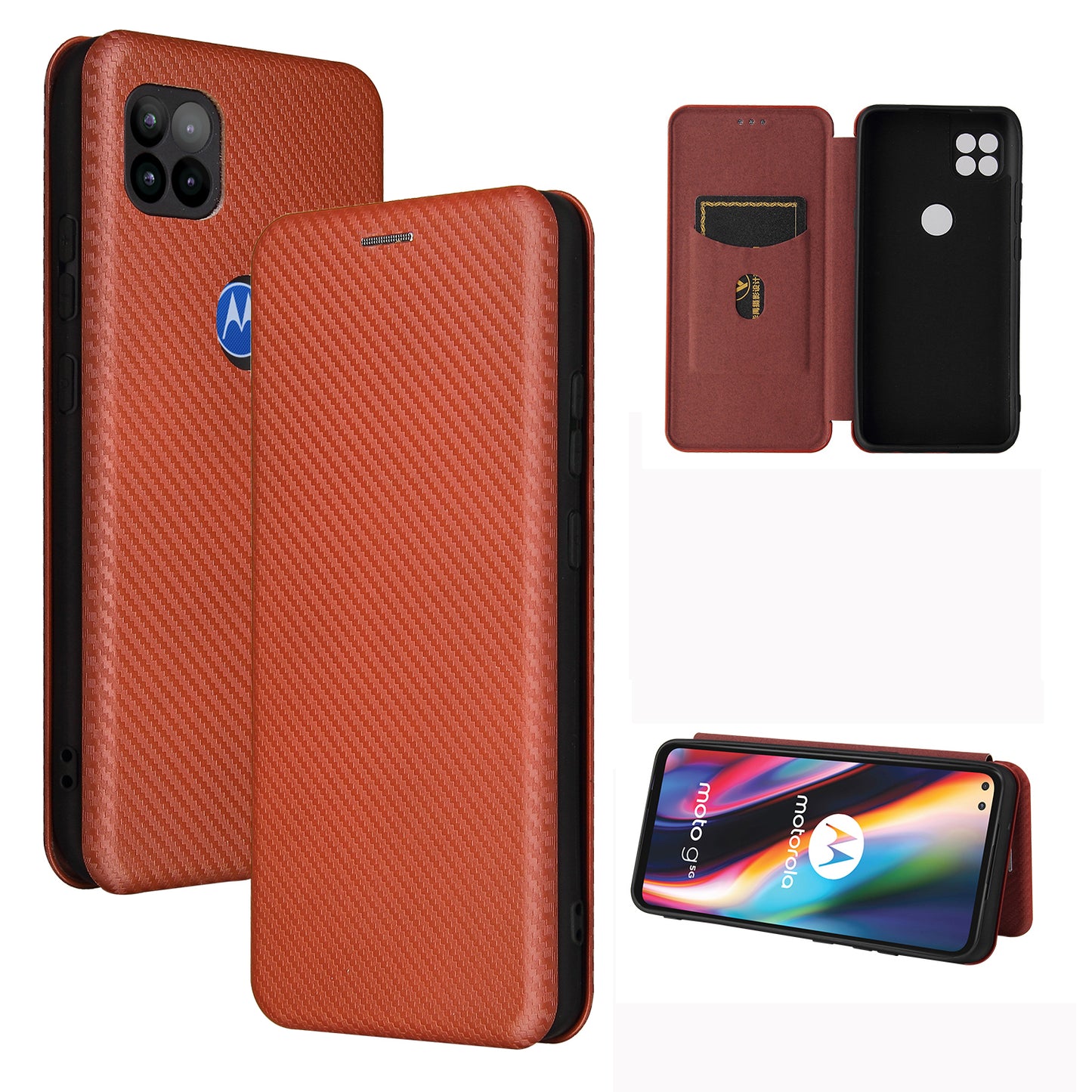 Auto-absorbed Carbon Fiber Leather Cover Case with Card Holder for Motorola Moto G 5G