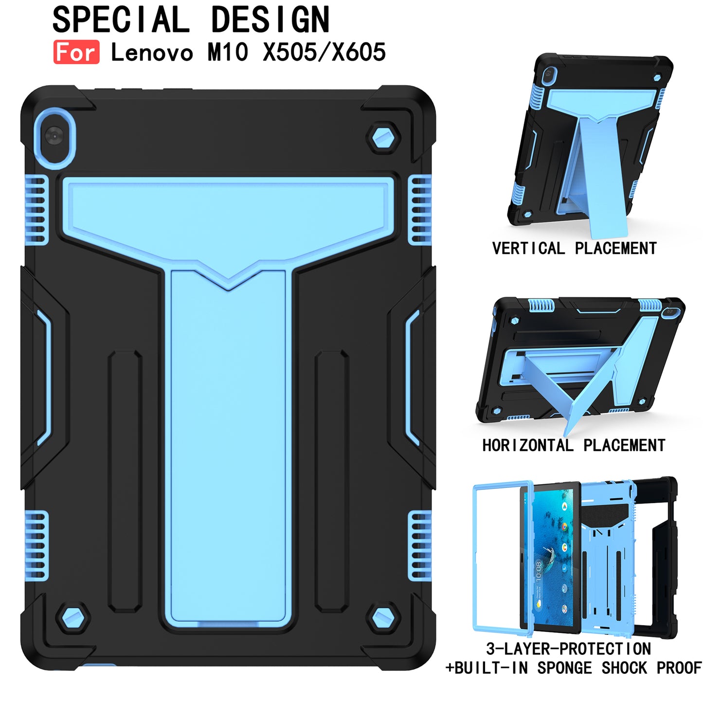 Shock Absorption Silicone + PC Tablet Hybrid Case with Folding Kickstand for Lenovo Tab M10 TB-X605F/X505