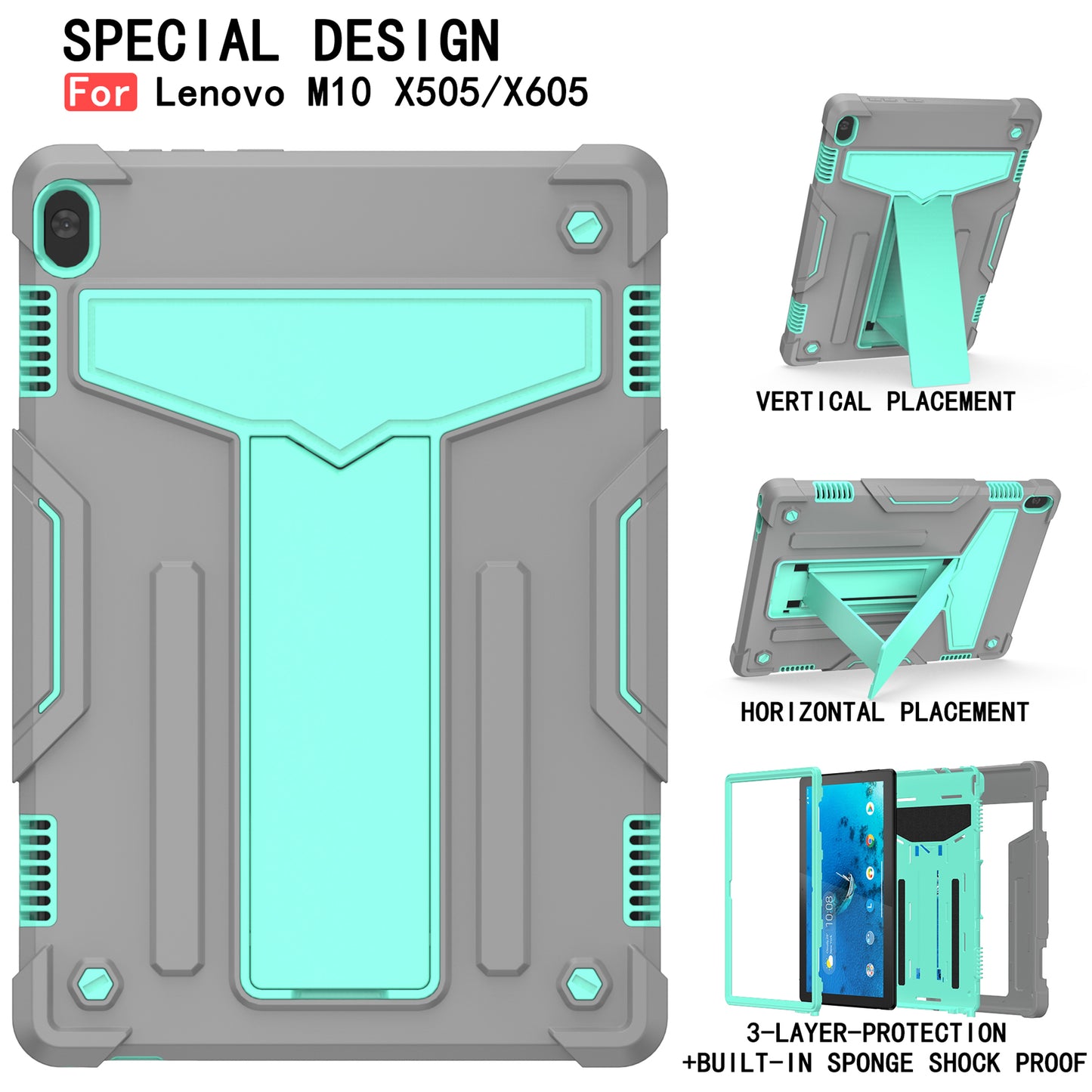 Shock Absorption Silicone + PC Tablet Hybrid Case with Folding Kickstand for Lenovo Tab M10 TB-X605F/X505