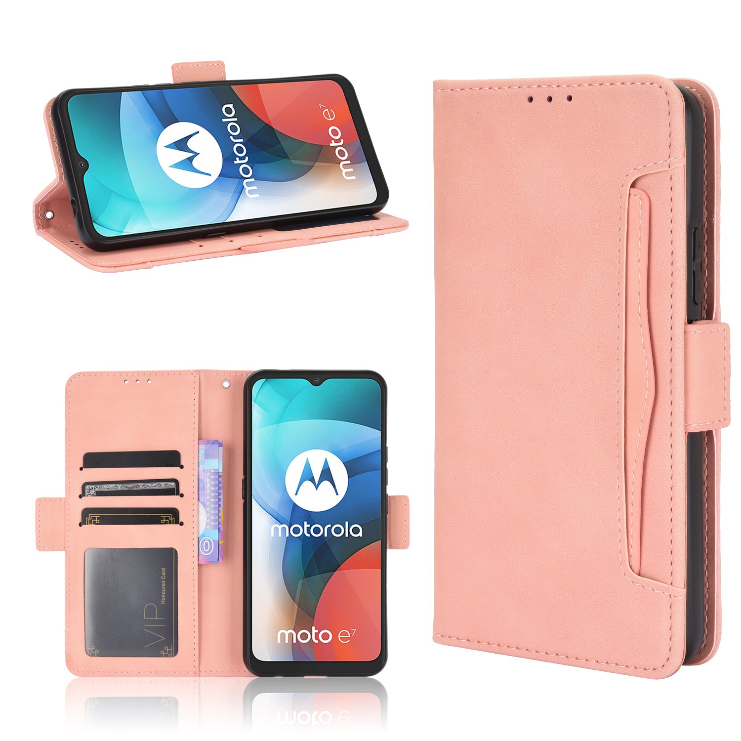 For Motorola Moto E7 Multiple Card Slots Protective Cover Stand Leather Case