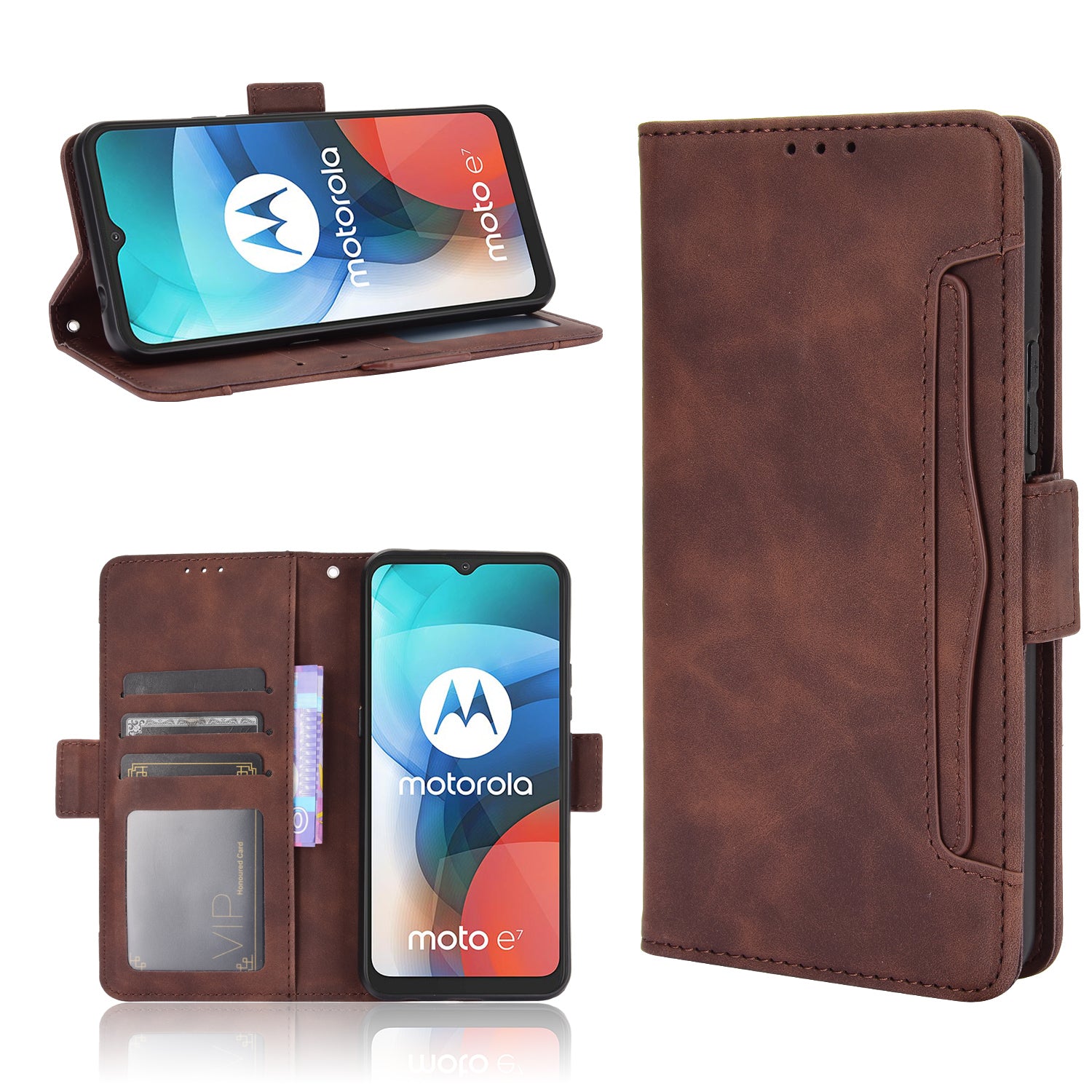 For Motorola Moto E7 Multiple Card Slots Protective Cover Stand Leather Case