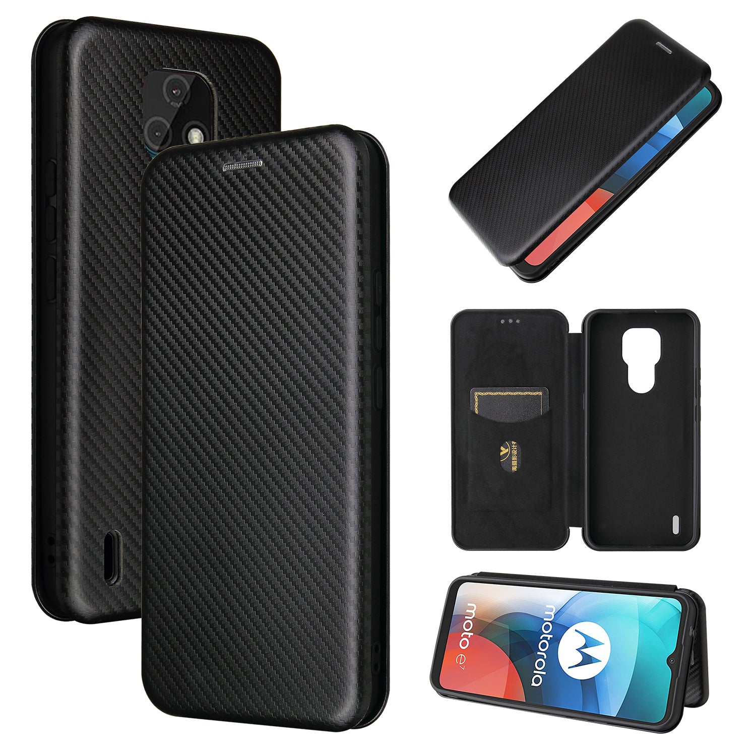 Auto-absorbed Stand Cover for Motorola Moto E7 Carbon Fiber Texture Leather Case