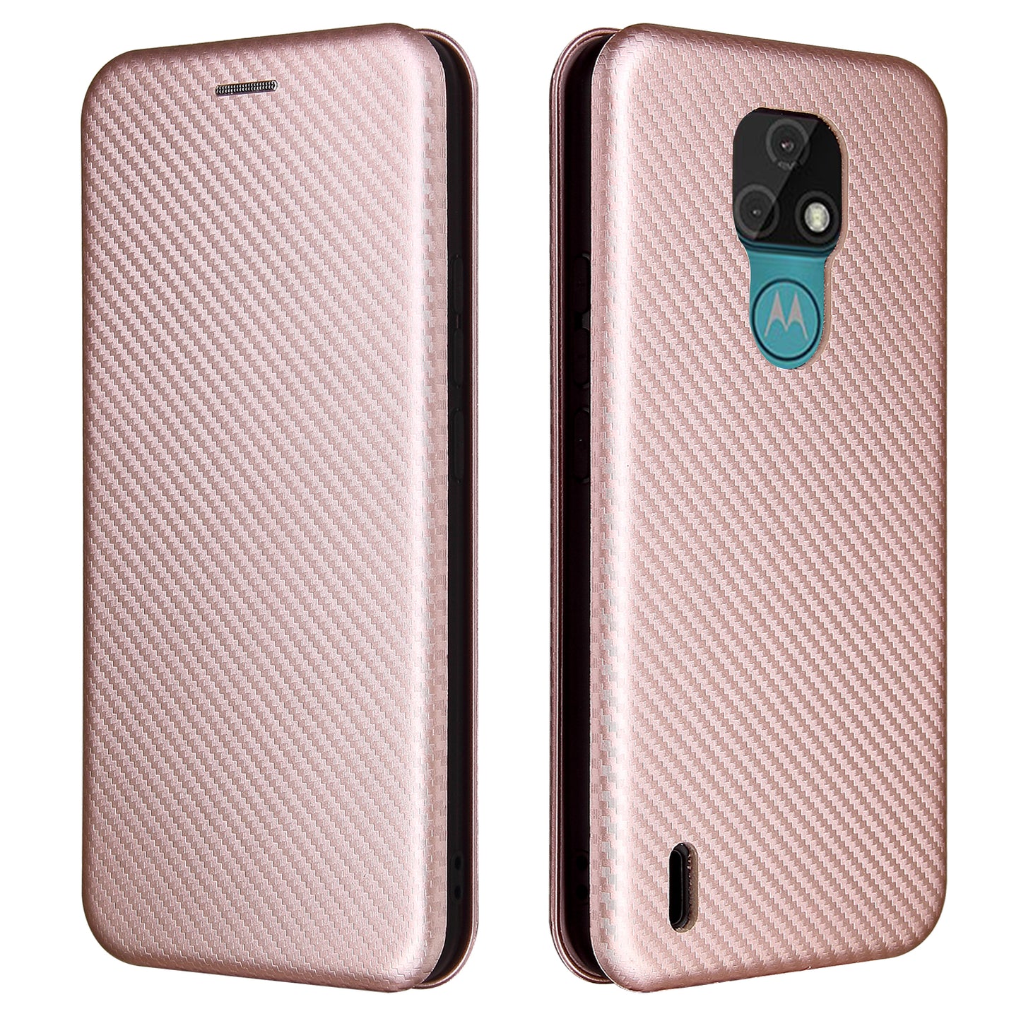 Auto-absorbed Stand Cover for Motorola Moto E7 Carbon Fiber Texture Leather Case