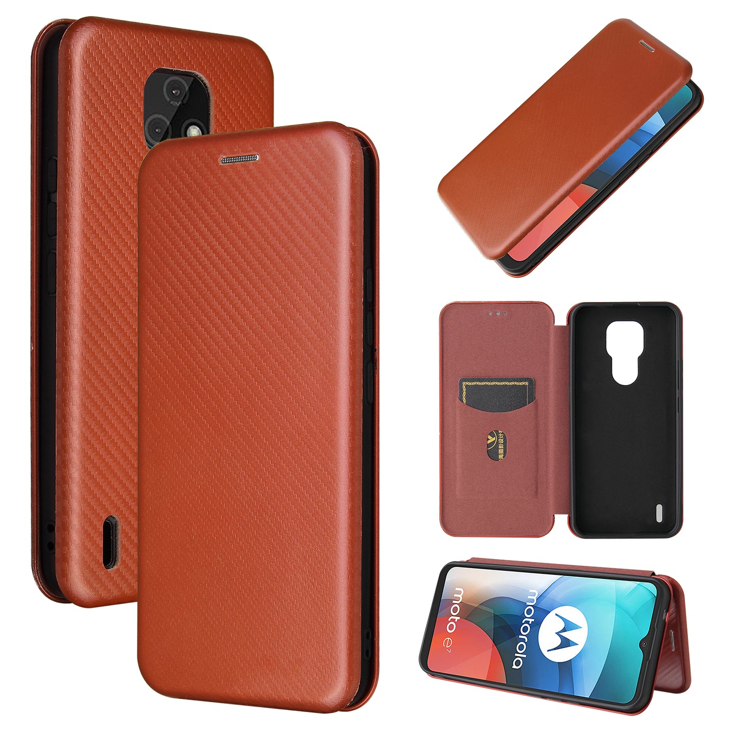 Auto-absorbed Stand Cover for Motorola Moto E7 Carbon Fiber Texture Leather Case