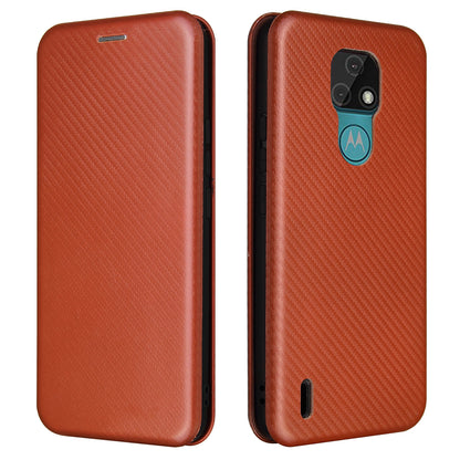 Auto-absorbed Stand Cover for Motorola Moto E7 Carbon Fiber Texture Leather Case