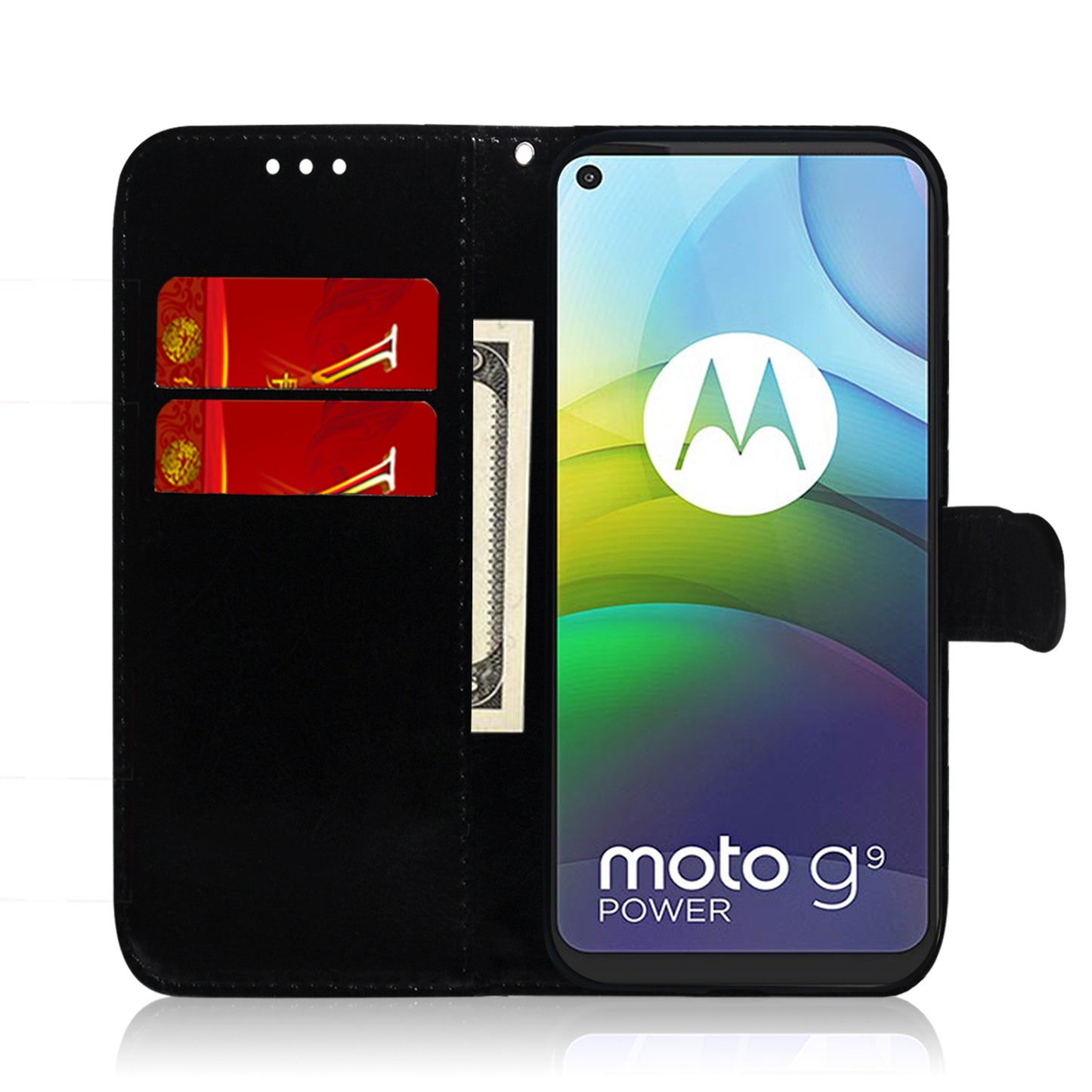 Mirror-like Surface Wallet Stand Full Protection Leather Case with Wrist Strap for Motorola Moto G9 Power