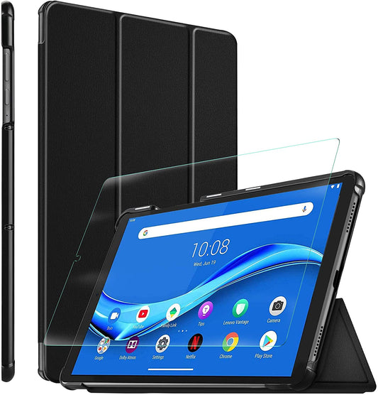 Tri-fold Stand PU Leather Protective Tablet Case + Straight Edge Tempered Glass Film for Lenovo Tab M10 Plus