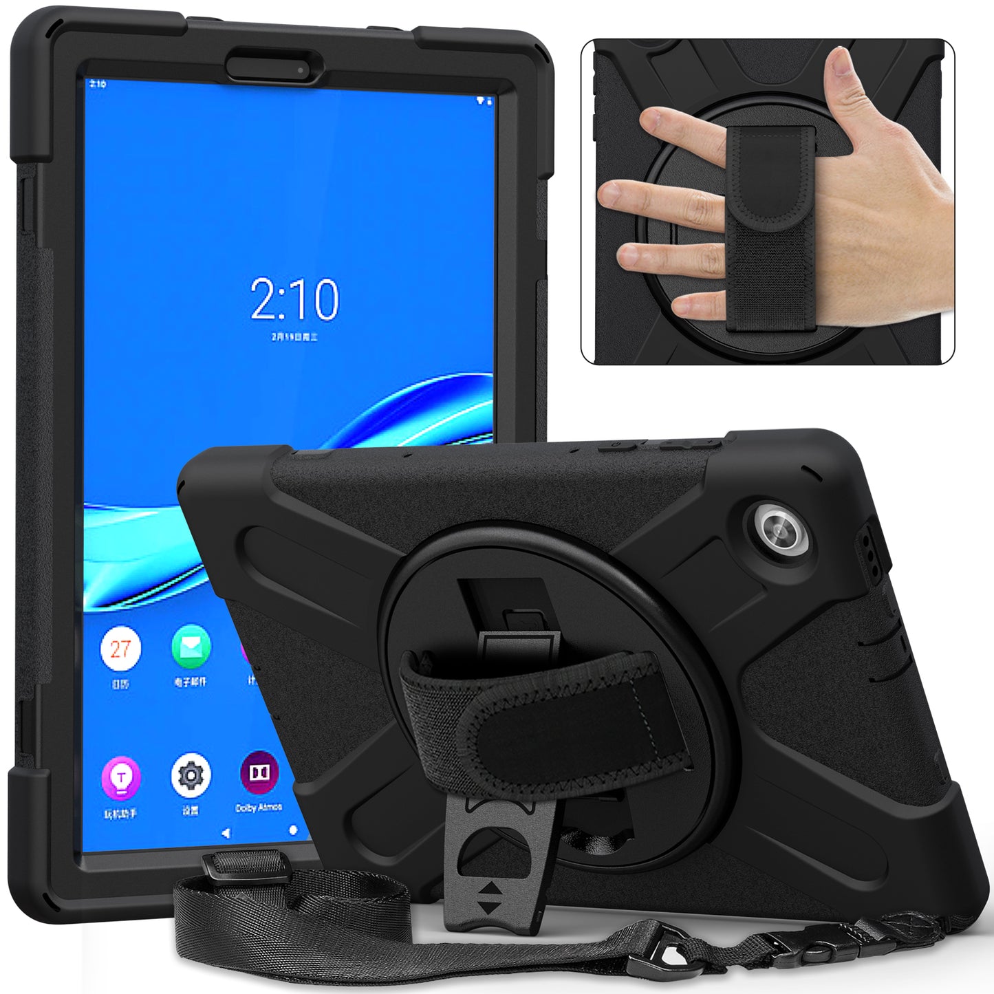 PC + Silicone Hybrid Protective Tablet Case with 360 Degree Swivel Kickstand and Hand Strap and Shoulder Strap for Lenovo Tab M10 Plus