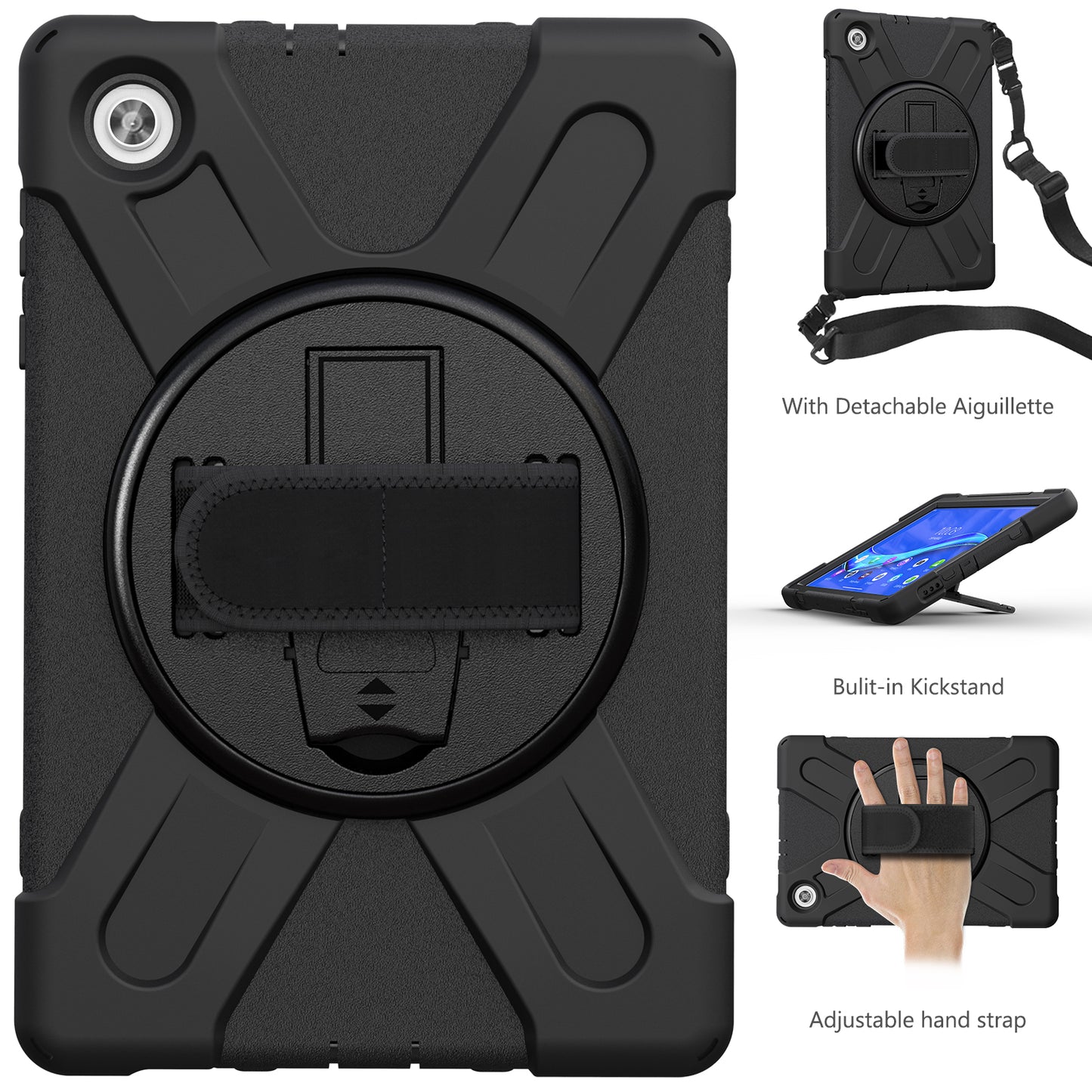 PC + Silicone Hybrid Protective Tablet Case with 360 Degree Swivel Kickstand and Hand Strap and Shoulder Strap for Lenovo Tab M10 Plus