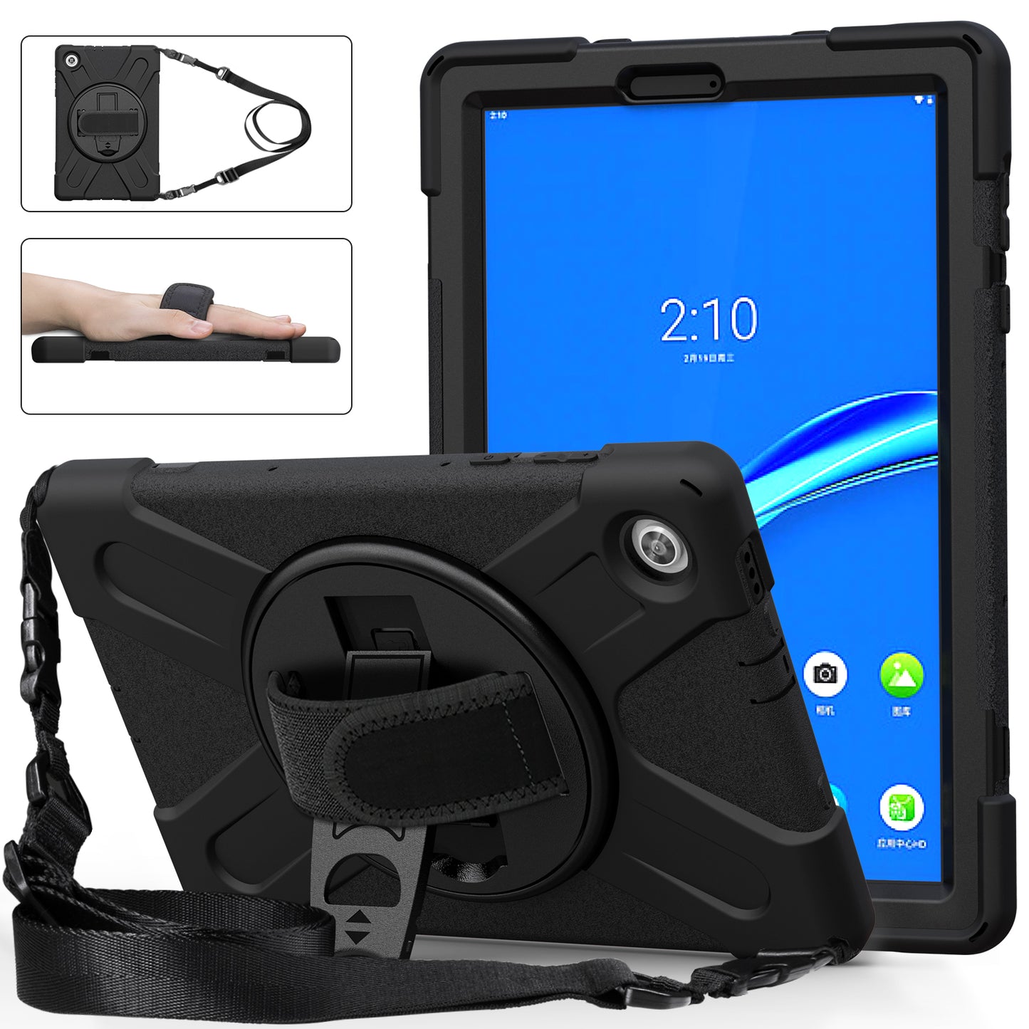 PC + Silicone Hybrid Protective Tablet Case with 360 Degree Swivel Kickstand and Hand Strap and Shoulder Strap for Lenovo Tab M10 Plus