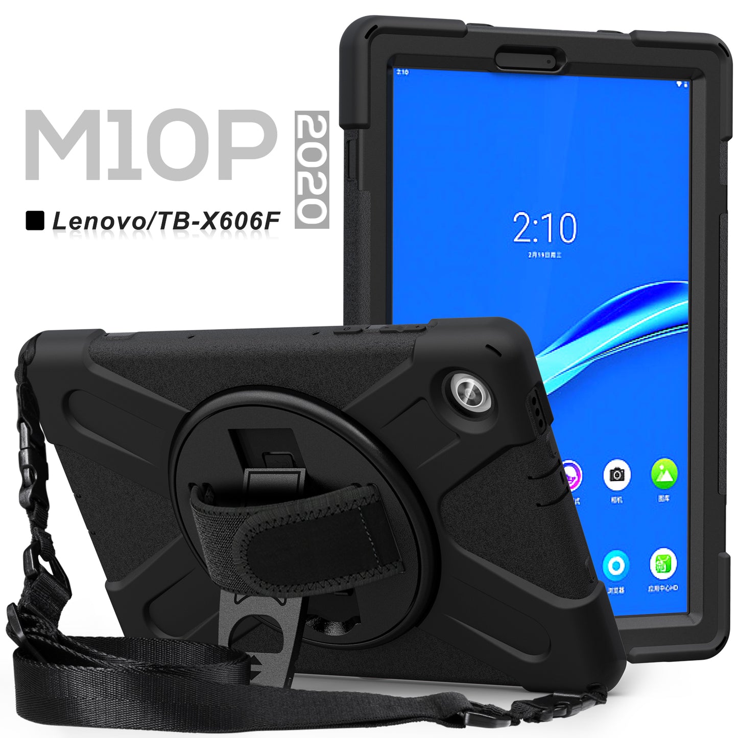 PC + Silicone Hybrid Protective Tablet Case with 360 Degree Swivel Kickstand and Hand Strap and Shoulder Strap for Lenovo Tab M10 Plus