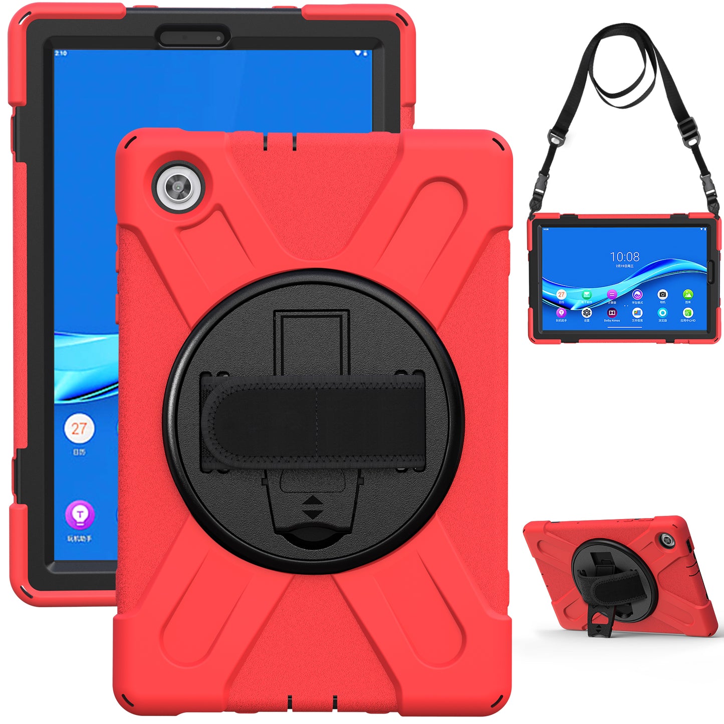 PC + Silicone Hybrid Protective Tablet Case with 360 Degree Swivel Kickstand and Hand Strap and Shoulder Strap for Lenovo Tab M10 Plus