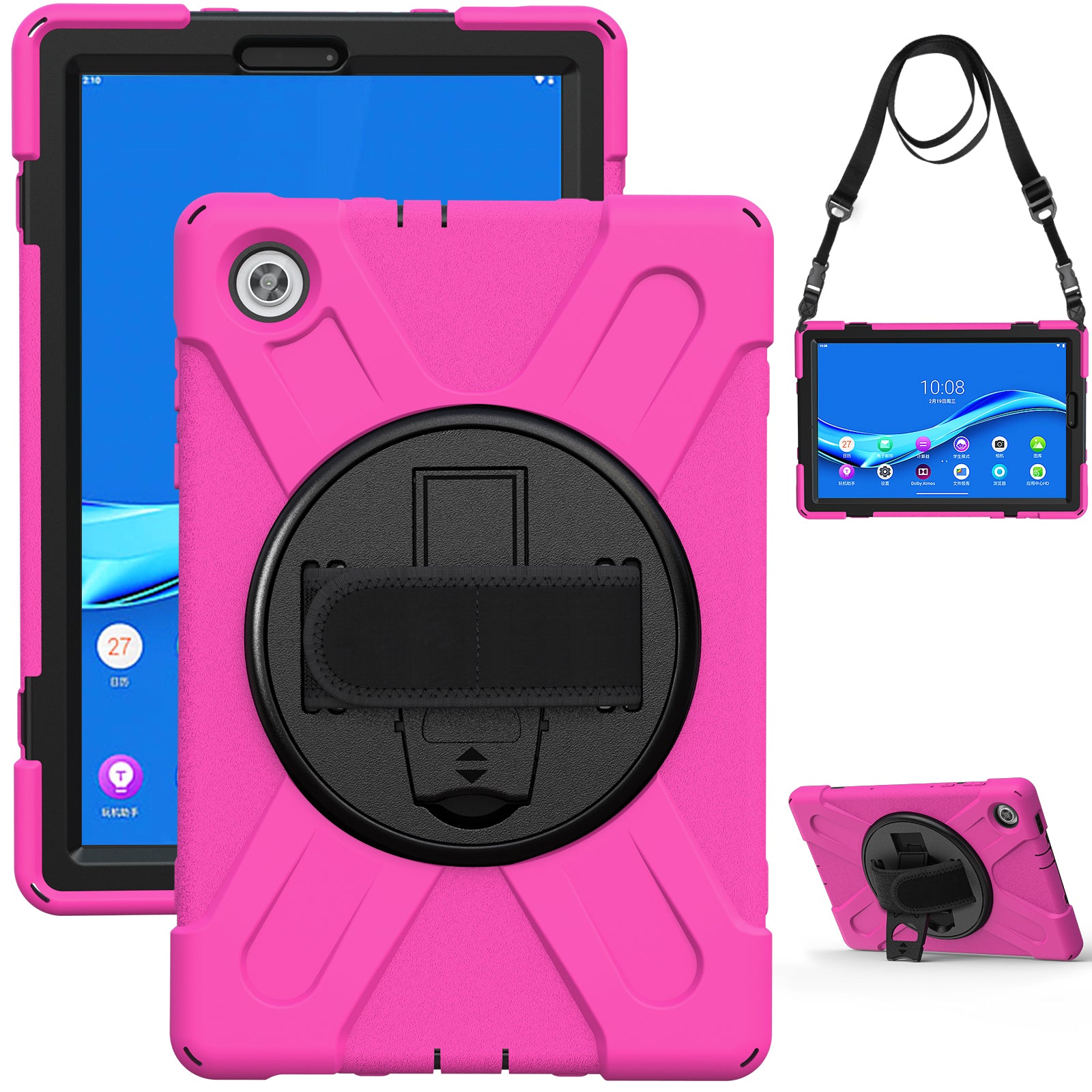 PC + Silicone Hybrid Protective Tablet Case with 360 Degree Swivel Kickstand and Hand Strap and Shoulder Strap for Lenovo Tab M10 Plus