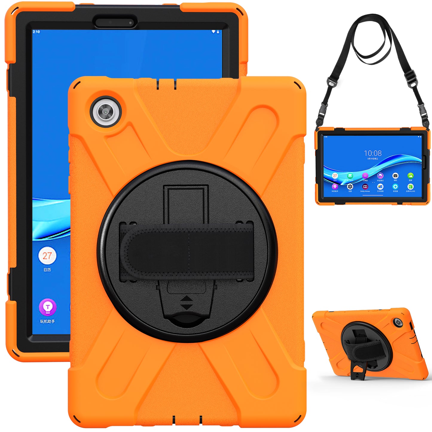 PC + Silicone Hybrid Protective Tablet Case with 360 Degree Swivel Kickstand and Hand Strap and Shoulder Strap for Lenovo Tab M10 Plus