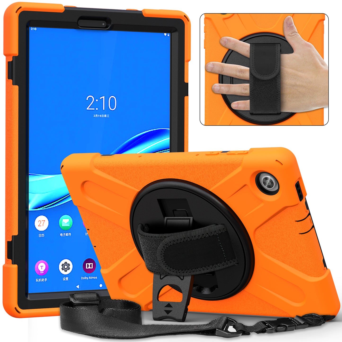 PC + Silicone Hybrid Protective Tablet Case with 360 Degree Swivel Kickstand and Hand Strap and Shoulder Strap for Lenovo Tab M10 Plus