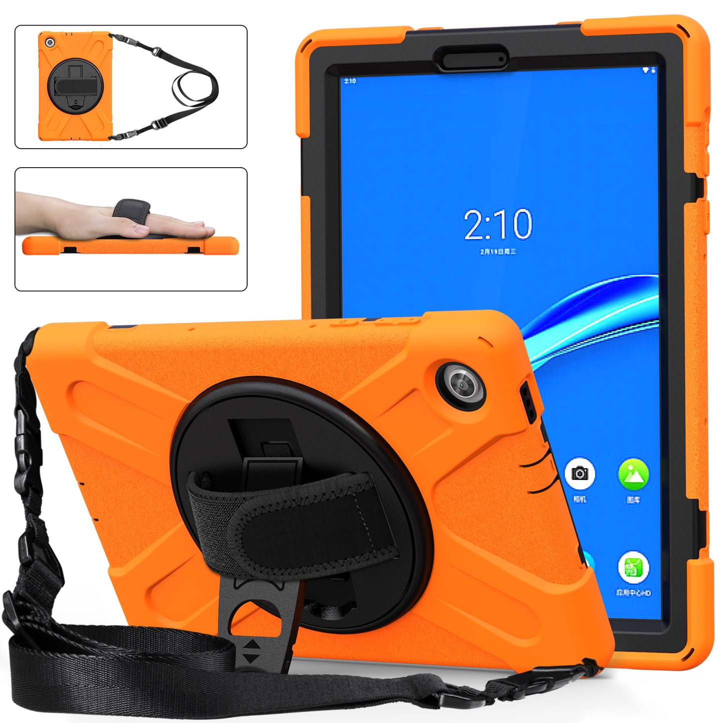 PC + Silicone Hybrid Protective Tablet Case with 360 Degree Swivel Kickstand and Hand Strap and Shoulder Strap for Lenovo Tab M10 Plus