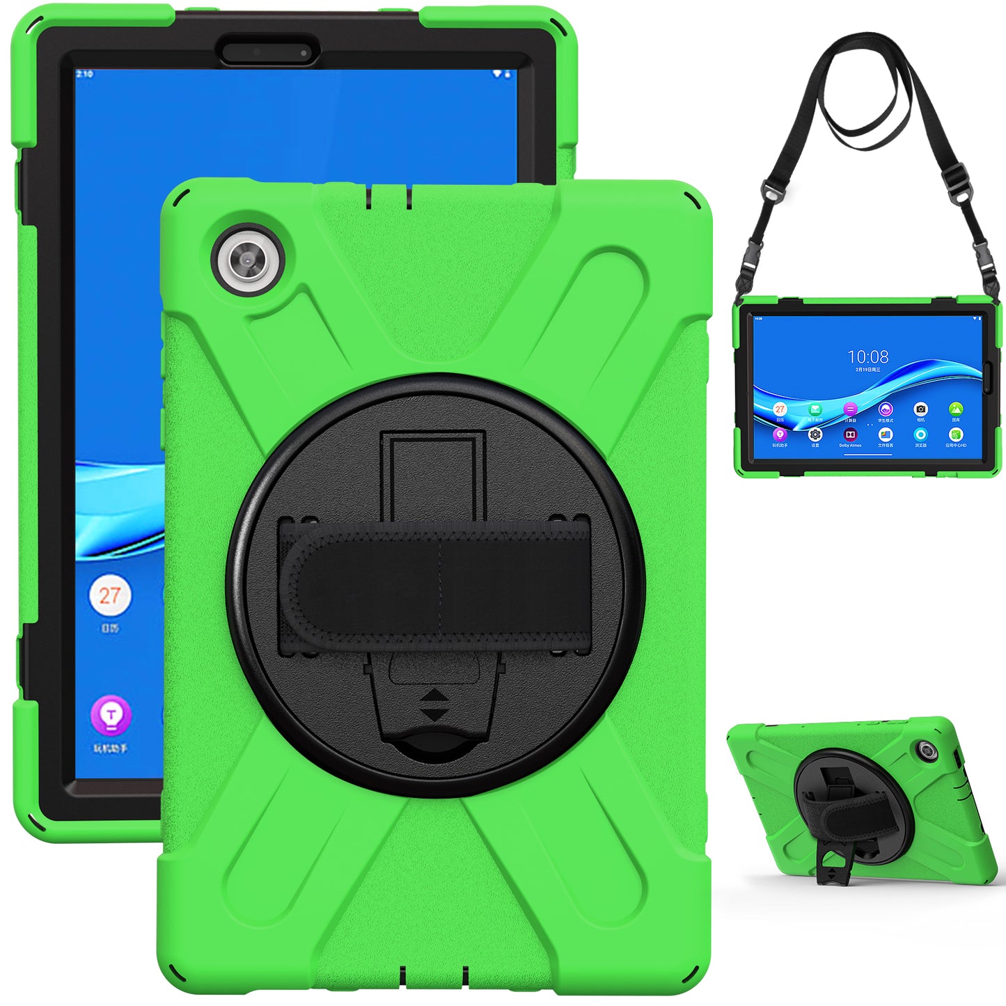 PC + Silicone Hybrid Protective Tablet Case with 360 Degree Swivel Kickstand and Hand Strap and Shoulder Strap for Lenovo Tab M10 Plus