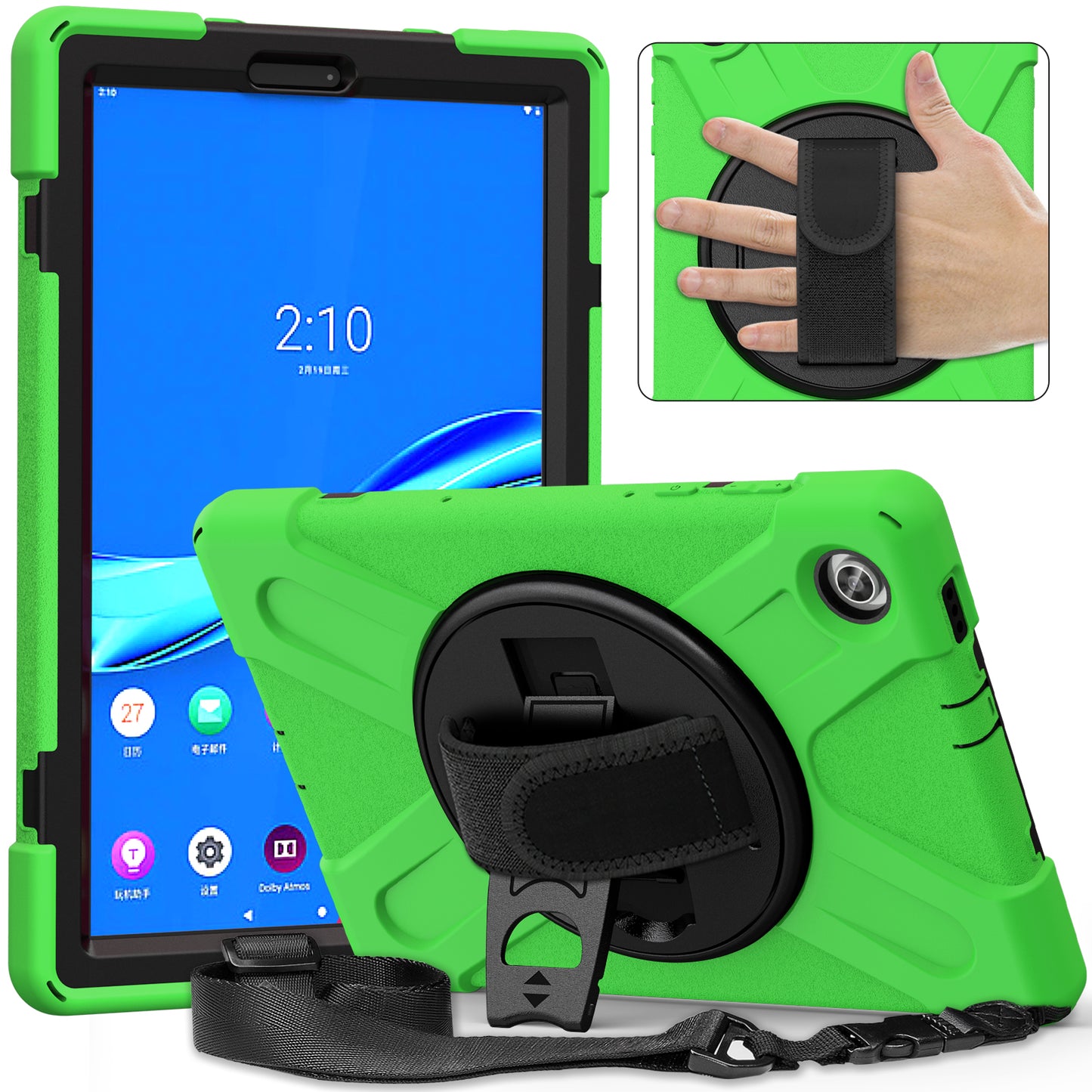 PC + Silicone Hybrid Protective Tablet Case with 360 Degree Swivel Kickstand and Hand Strap and Shoulder Strap for Lenovo Tab M10 Plus