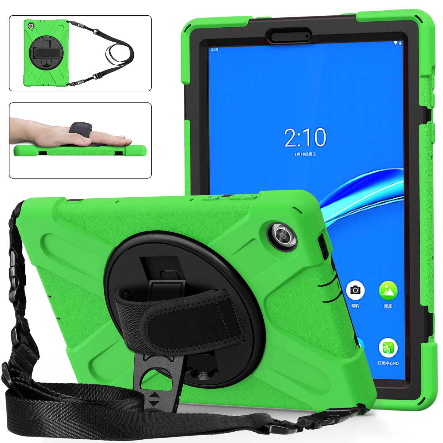 PC + Silicone Hybrid Protective Tablet Case with 360 Degree Swivel Kickstand and Hand Strap and Shoulder Strap for Lenovo Tab M10 Plus