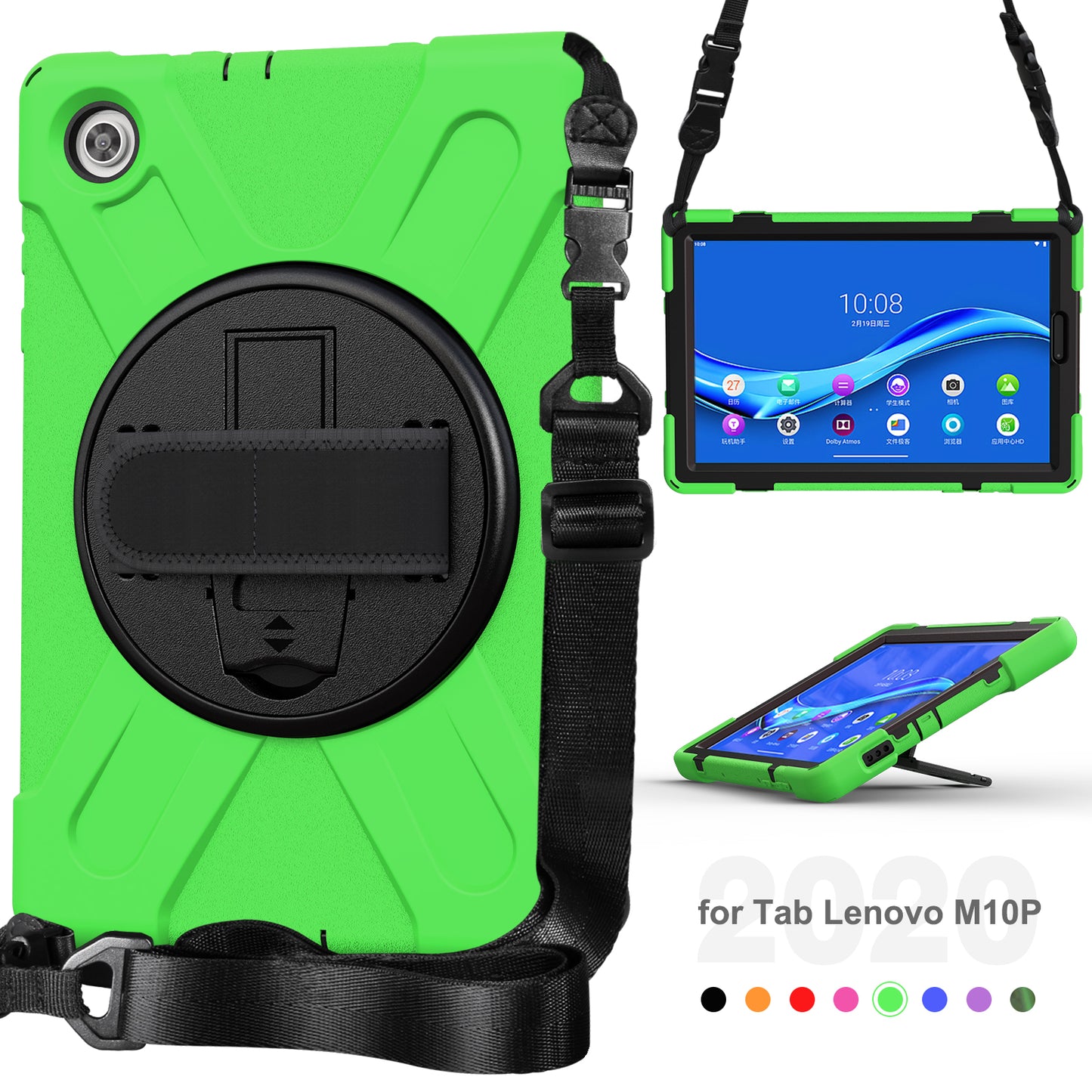 PC + Silicone Hybrid Protective Tablet Case with 360 Degree Swivel Kickstand and Hand Strap and Shoulder Strap for Lenovo Tab M10 Plus