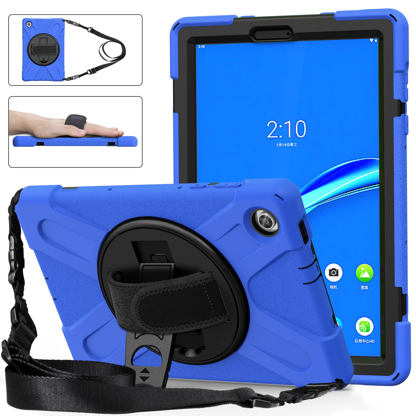 PC + Silicone Hybrid Protective Tablet Case with 360 Degree Swivel Kickstand and Hand Strap and Shoulder Strap for Lenovo Tab M10 Plus