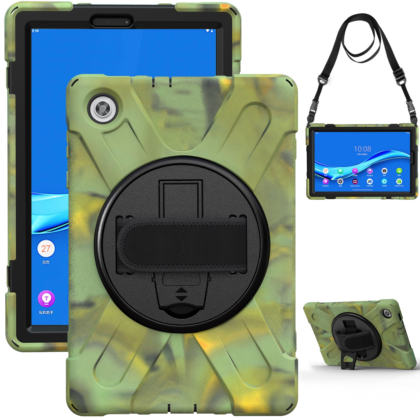 PC + Silicone Hybrid Protective Tablet Case with 360 Degree Swivel Kickstand and Hand Strap and Shoulder Strap for Lenovo Tab M10 Plus