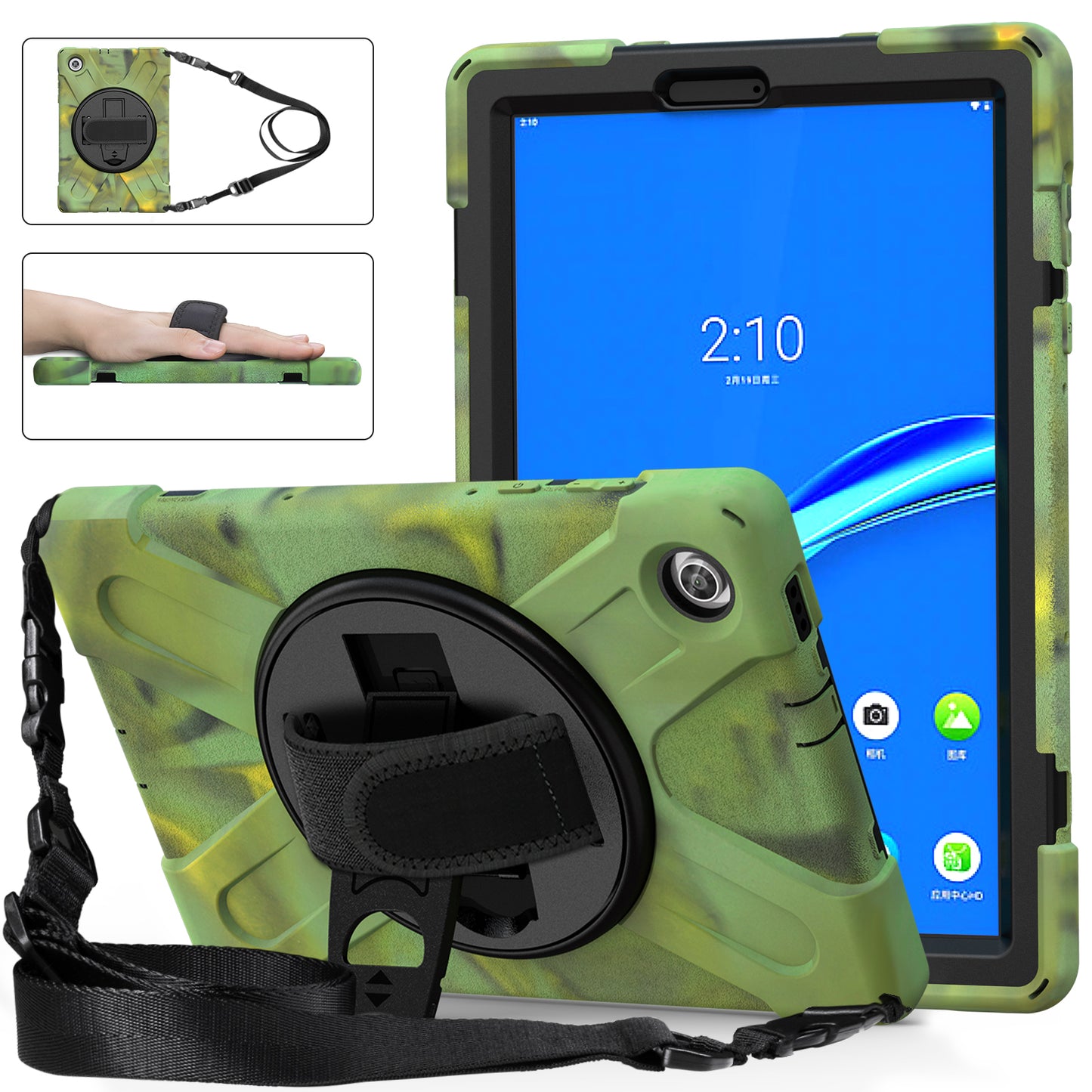 PC + Silicone Hybrid Protective Tablet Case with 360 Degree Swivel Kickstand and Hand Strap and Shoulder Strap for Lenovo Tab M10 Plus