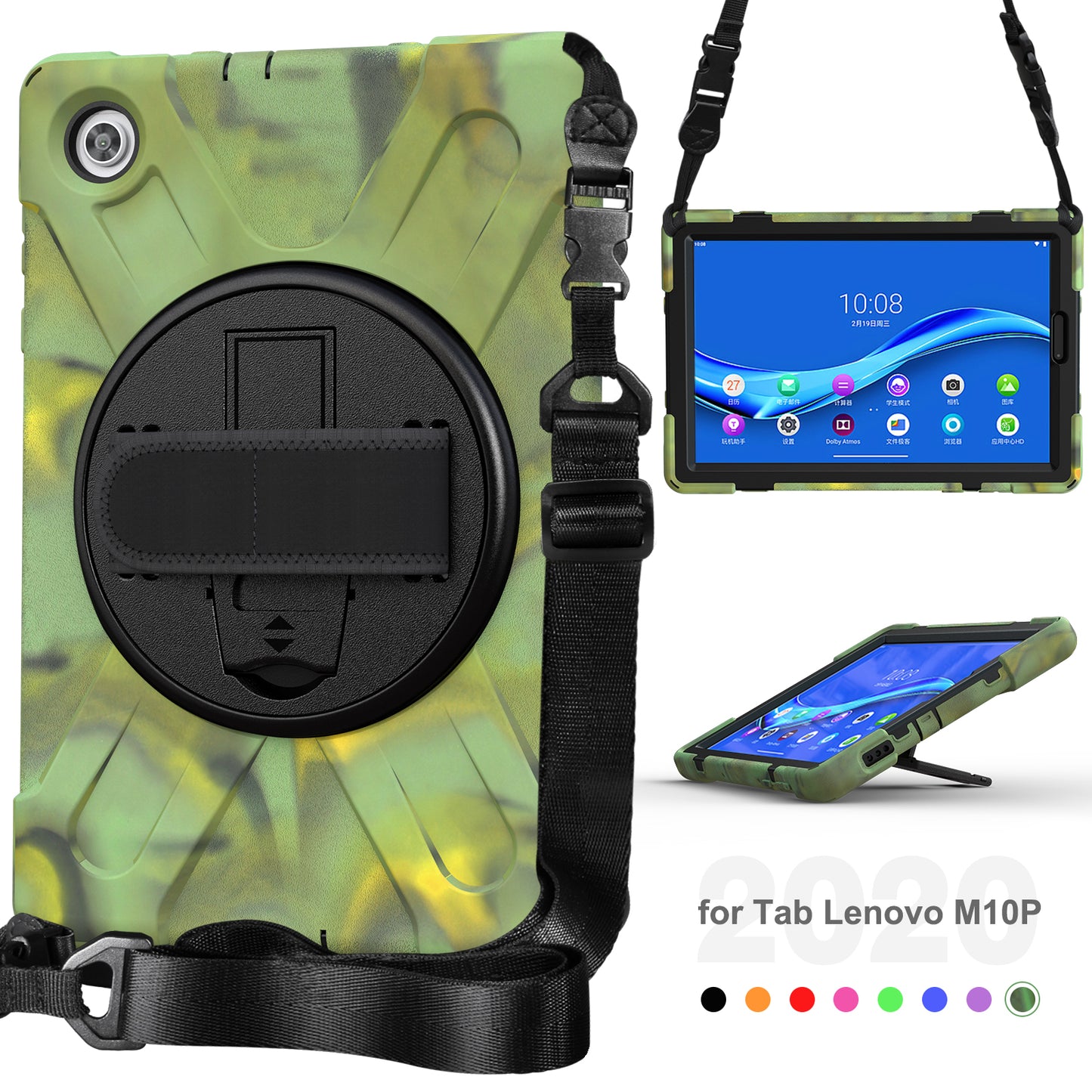 PC + Silicone Hybrid Protective Tablet Case with 360 Degree Swivel Kickstand and Hand Strap and Shoulder Strap for Lenovo Tab M10 Plus