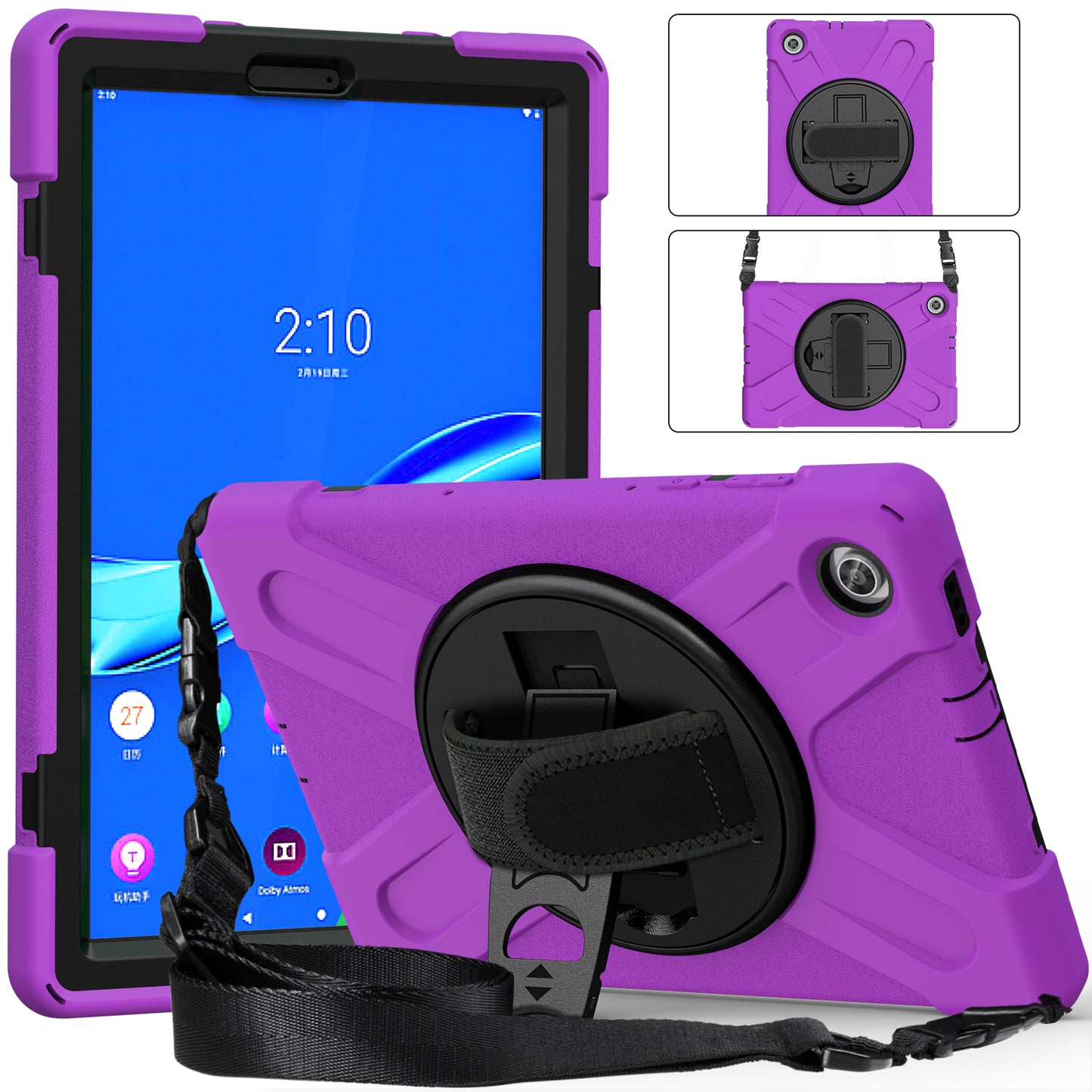 PC + Silicone Hybrid Protective Tablet Case with 360 Degree Swivel Kickstand and Hand Strap and Shoulder Strap for Lenovo Tab M10 Plus