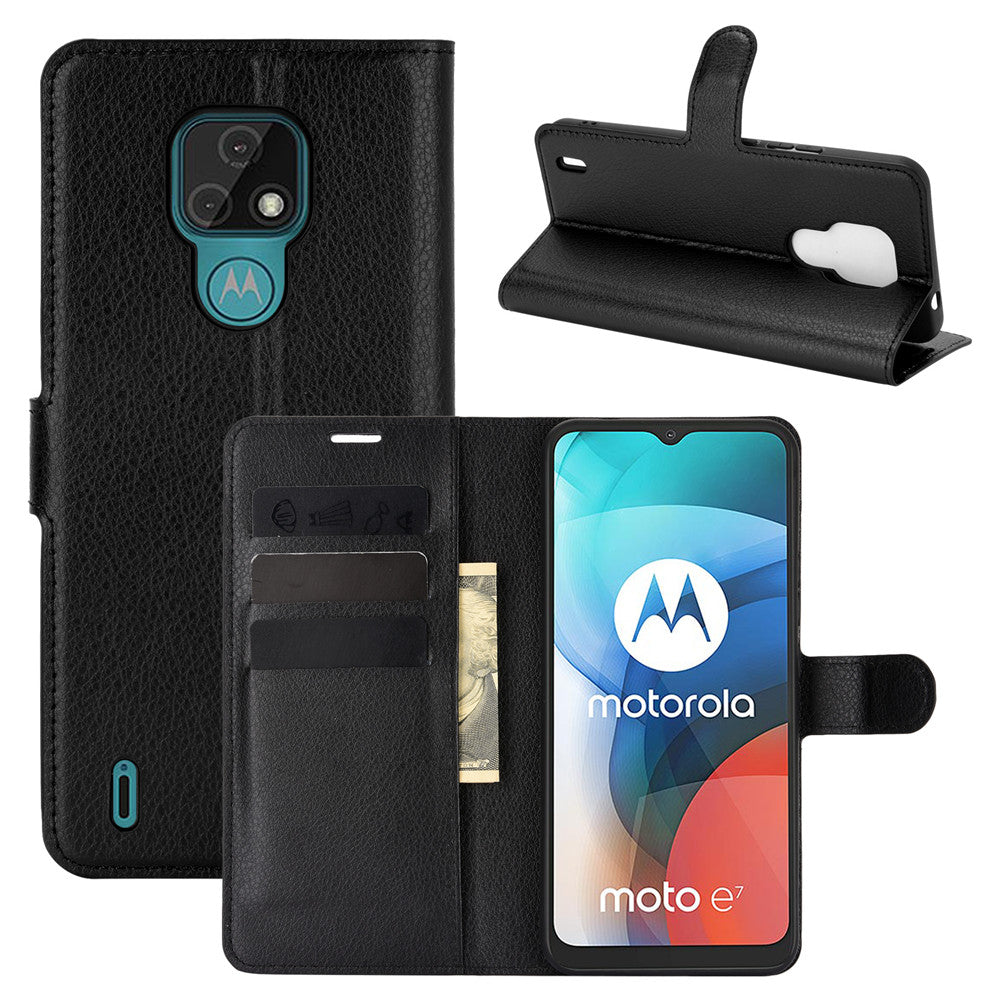 Litchi Texture Leather Phone Protective Cover with Wallet Stand Design for Motorola Moto E7