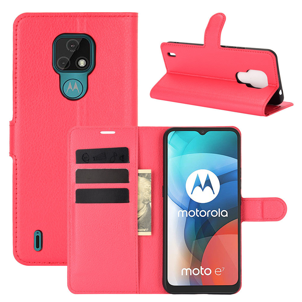 Litchi Texture Leather Phone Protective Cover with Wallet Stand Design for Motorola Moto E7