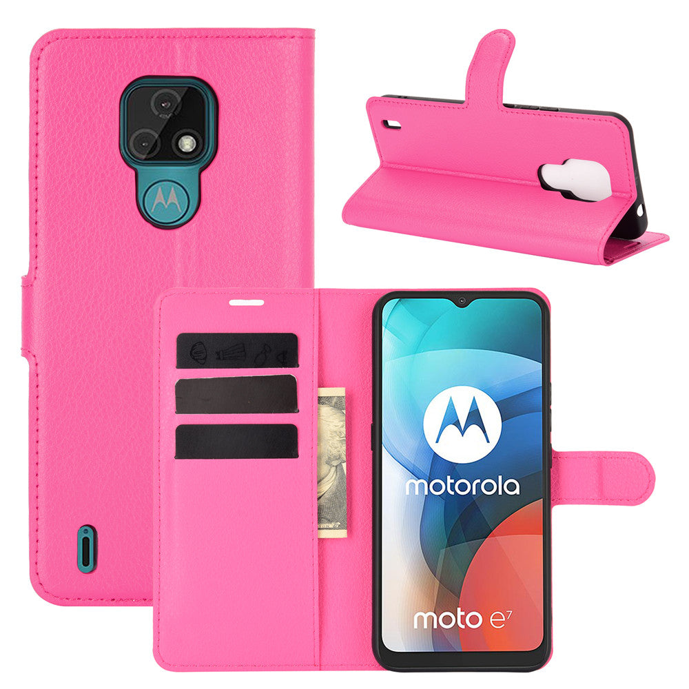 Litchi Texture Leather Phone Protective Cover with Wallet Stand Design for Motorola Moto E7