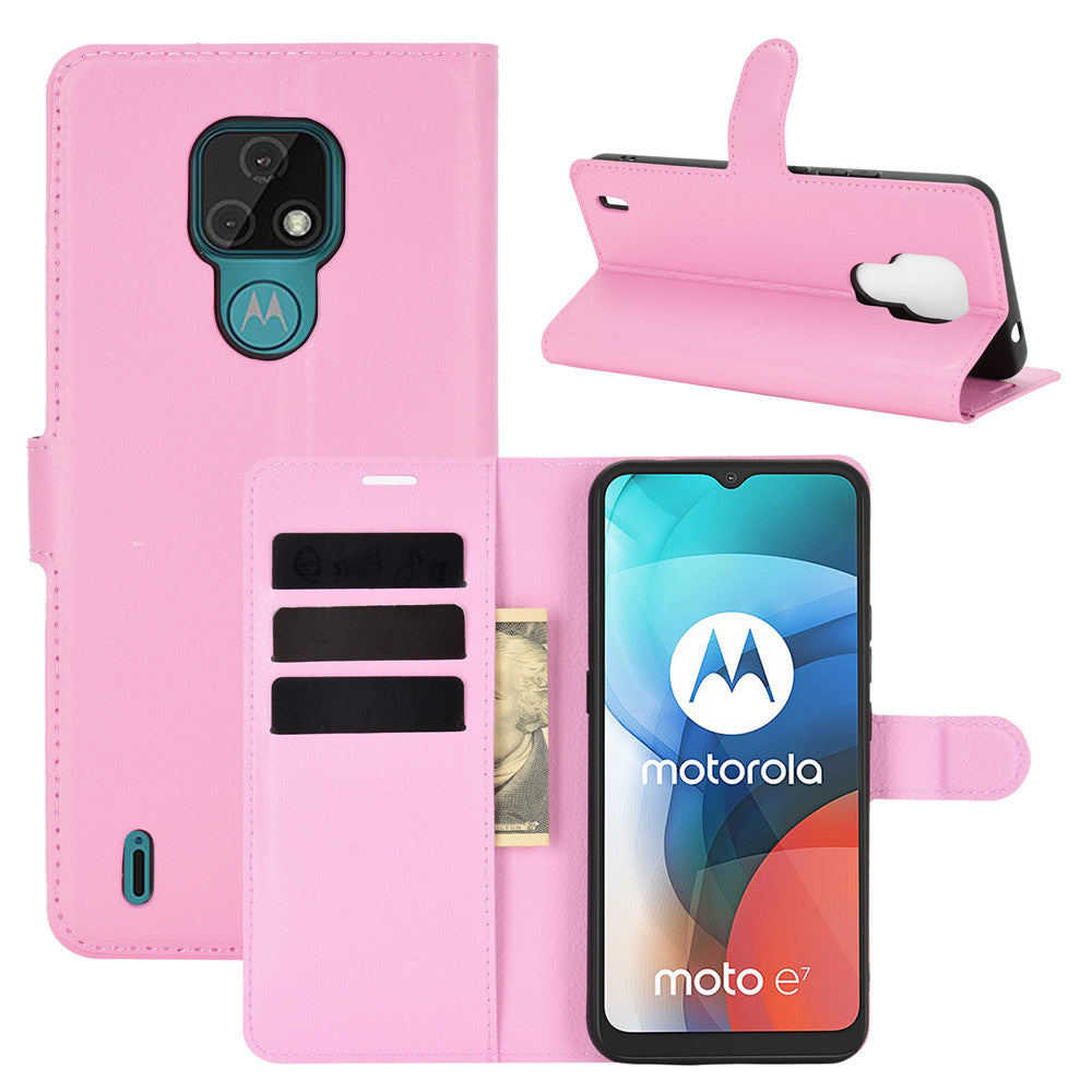 Litchi Texture Leather Phone Protective Cover with Wallet Stand Design for Motorola Moto E7