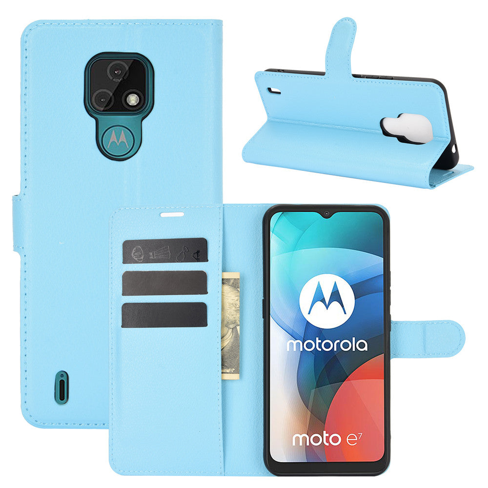 Litchi Texture Leather Phone Protective Cover with Wallet Stand Design for Motorola Moto E7