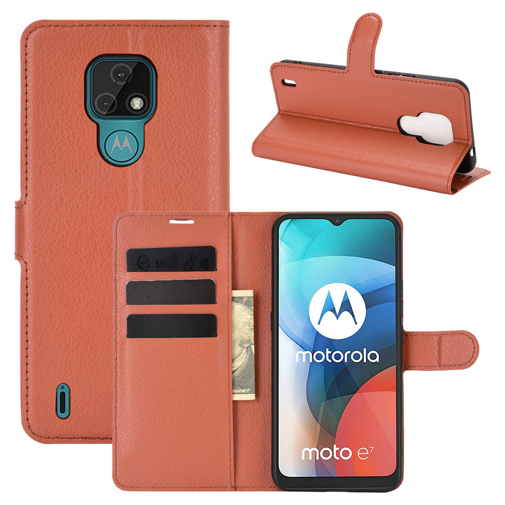 Litchi Texture Leather Phone Protective Cover with Wallet Stand Design for Motorola Moto E7