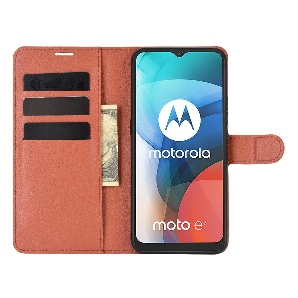 Litchi Texture Leather Phone Protective Cover with Wallet Stand Design for Motorola Moto E7